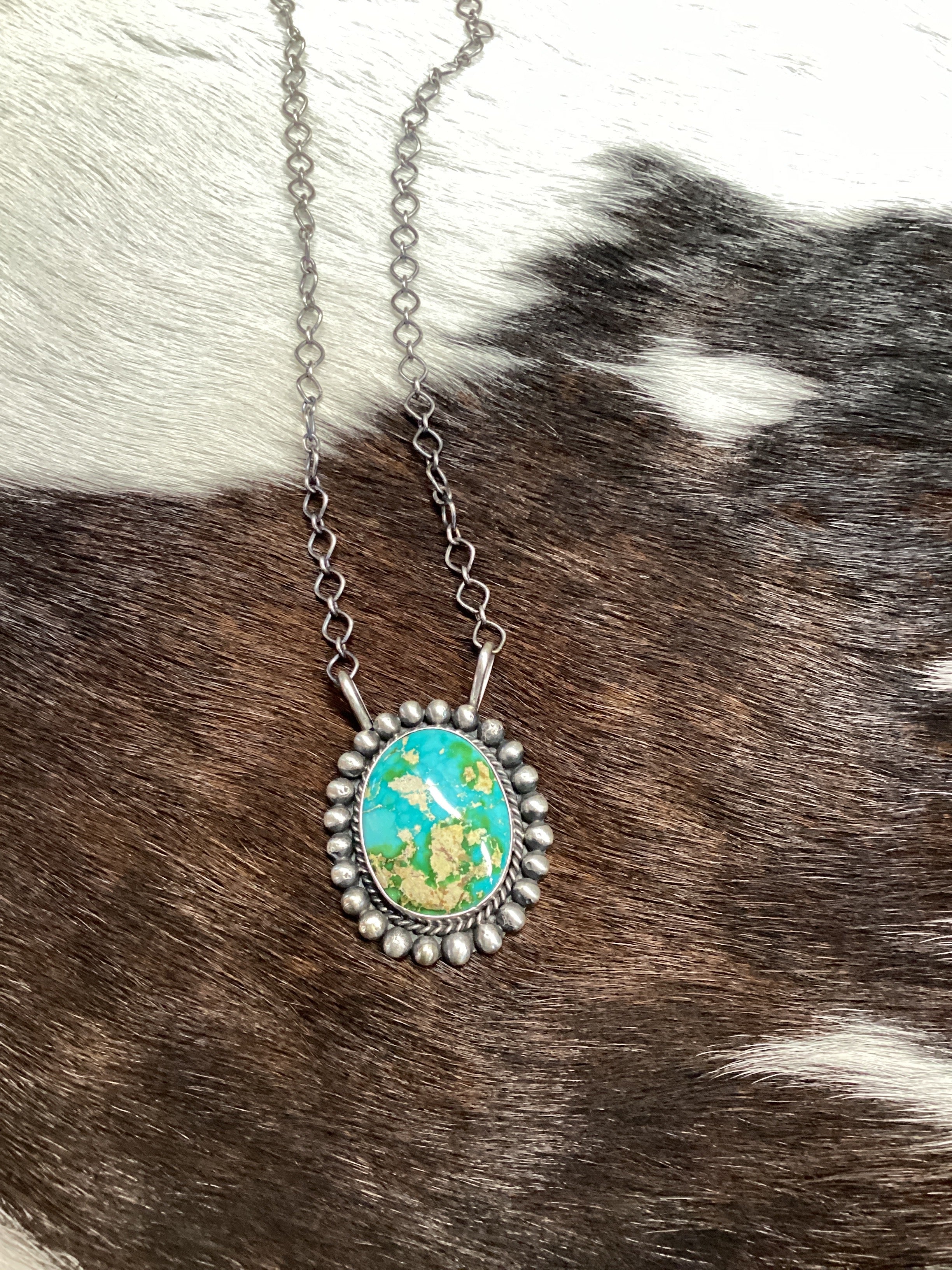 Native Navajo Handmade Sterling Silver Sonoran Gold Turquoise Necklace 18” Large