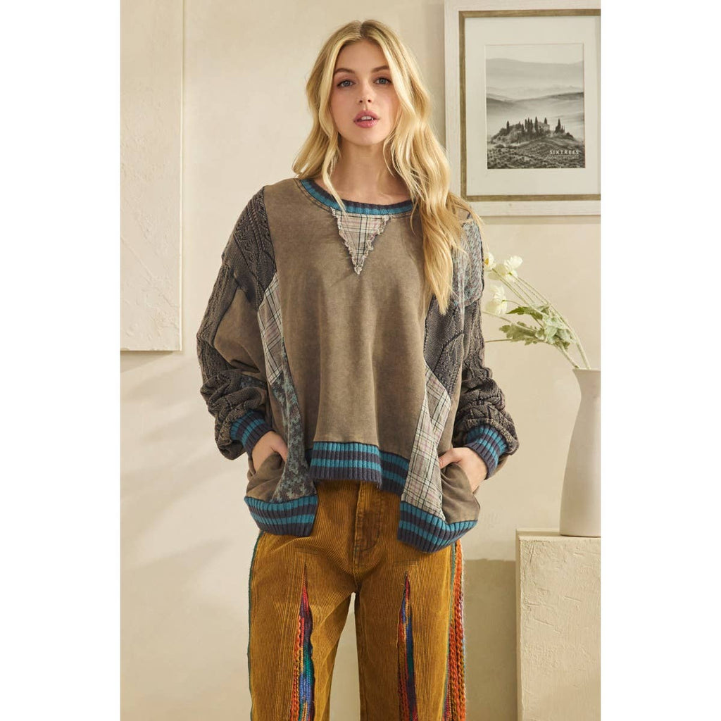 WASHED FABRIC MIX SWEATER TOP