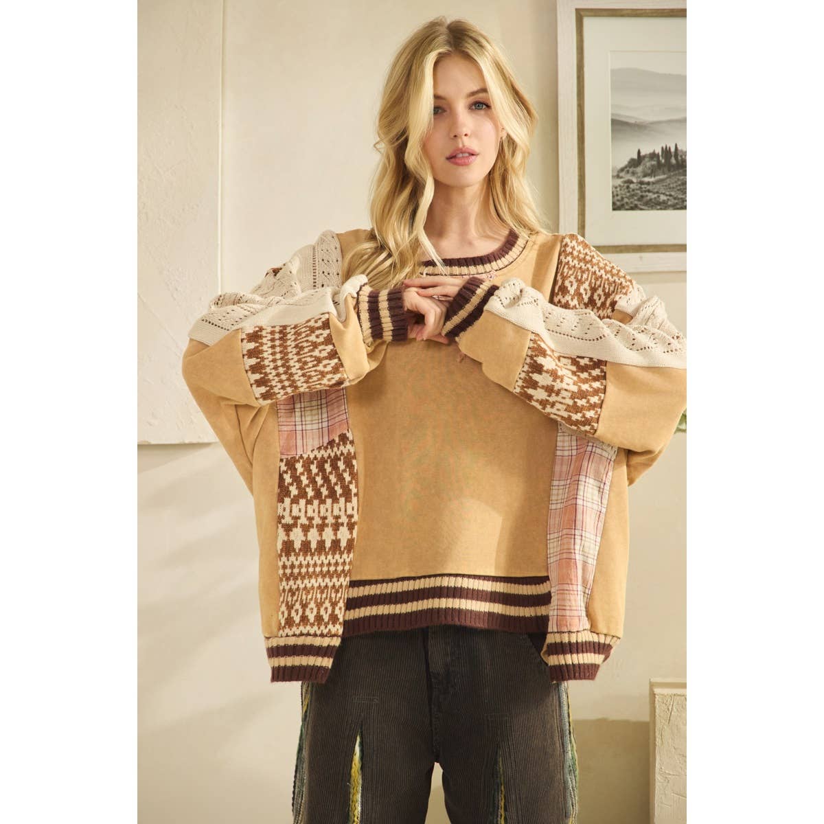 WASHED FABRIC MIX SWEATER TOP