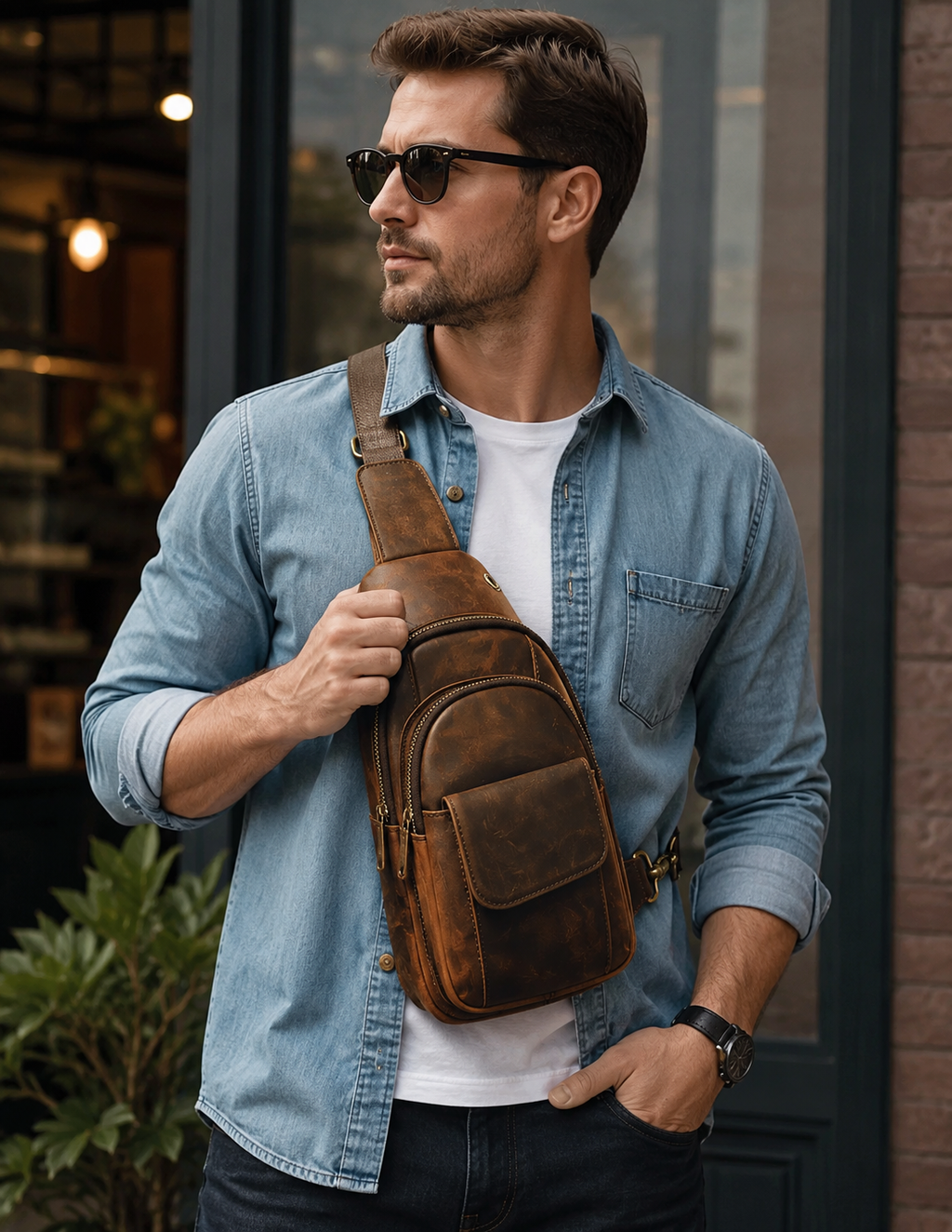 13"Inch Compact Leather Sling Backpack | Crossbody Bag
