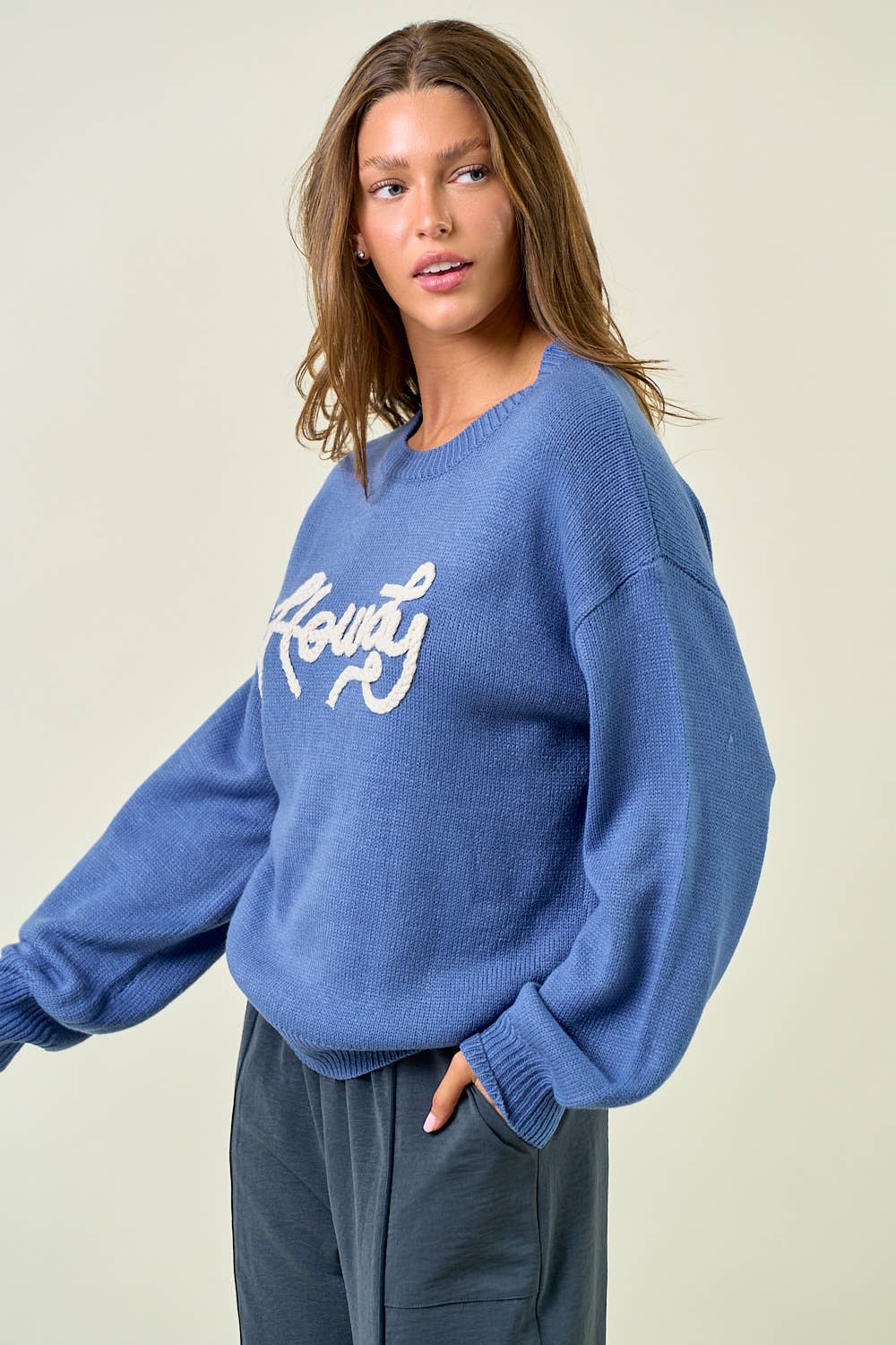 HOWDY' EMBROIDERED ROUND NECK OVERSIZED SWEATER -43995T-4