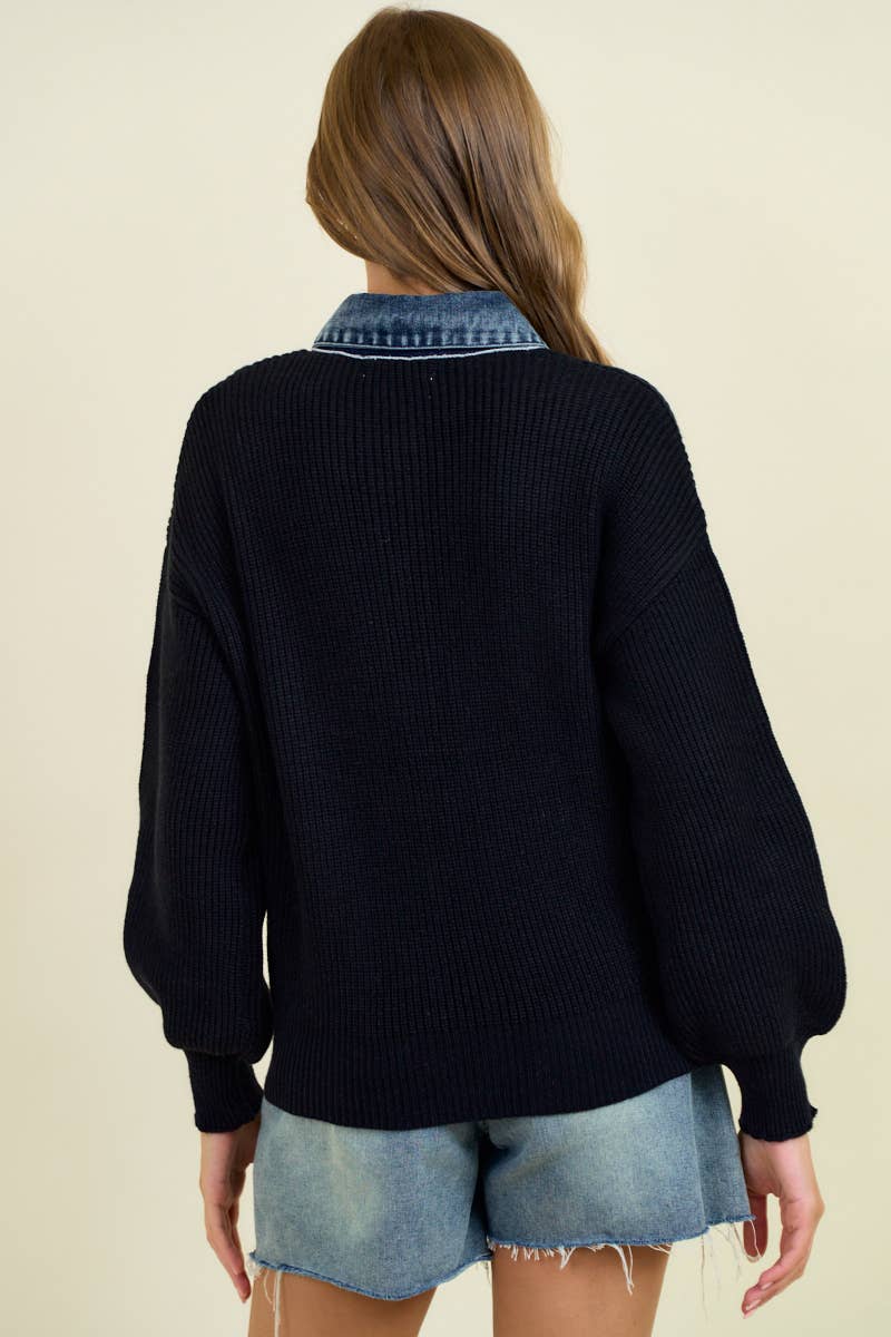 DENIM CONTRAST SWEATER RIB CARDIGAN