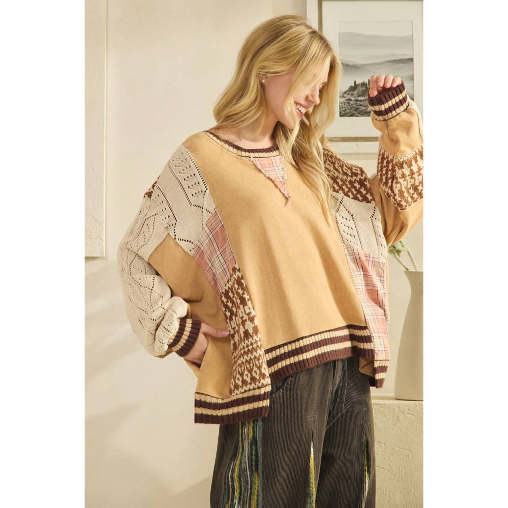 WASHED FABRIC MIX SWEATER TOP