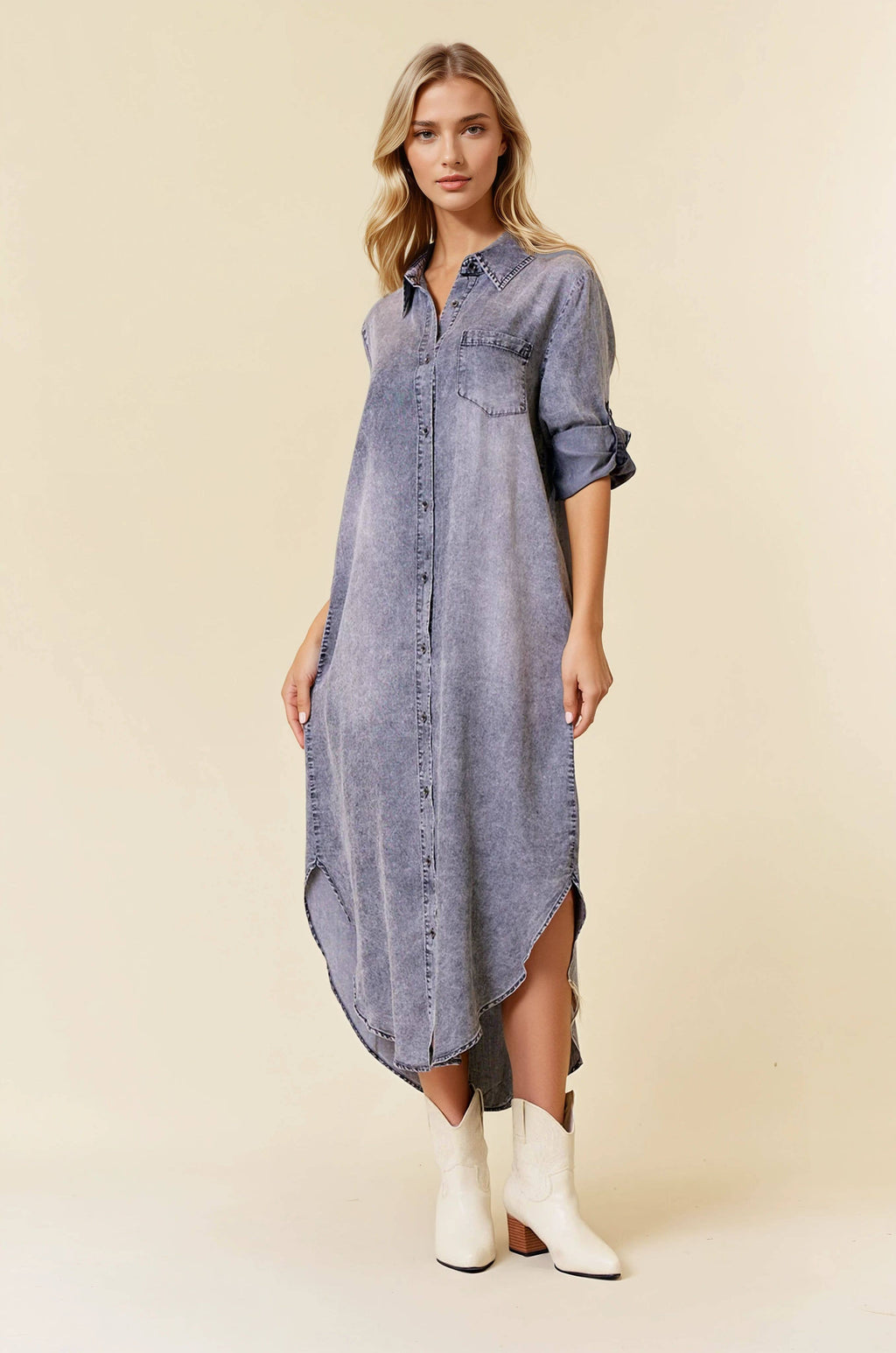 ROLL TAB 3/4 SLEEVE TENCEL DENIM SHIRT MIDI DRESS