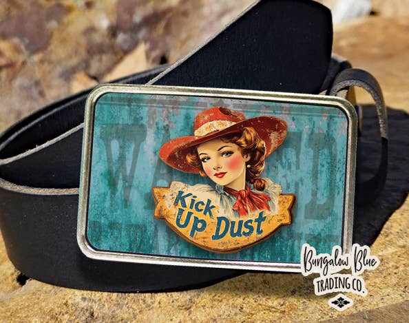 Kick Up Dust Cowgirl Retro Western Belt Buckle