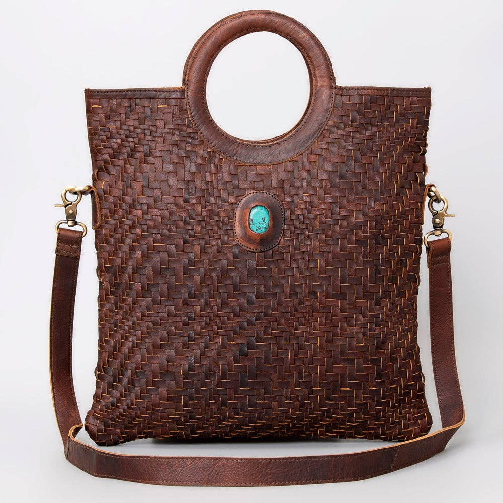 Handwoven Western Leather Tote Bag with Turquoise Stone Accent