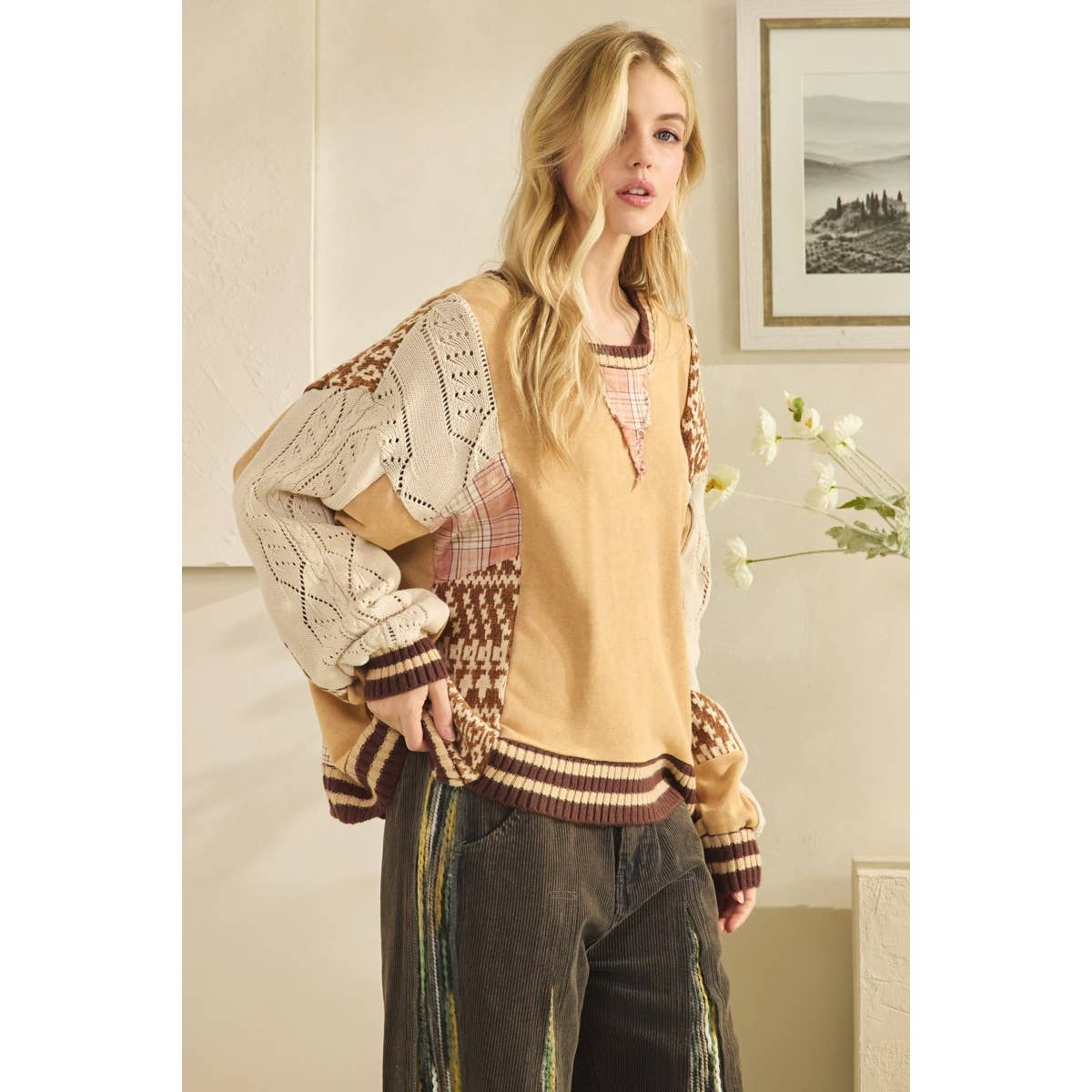 WASHED FABRIC MIX SWEATER TOP