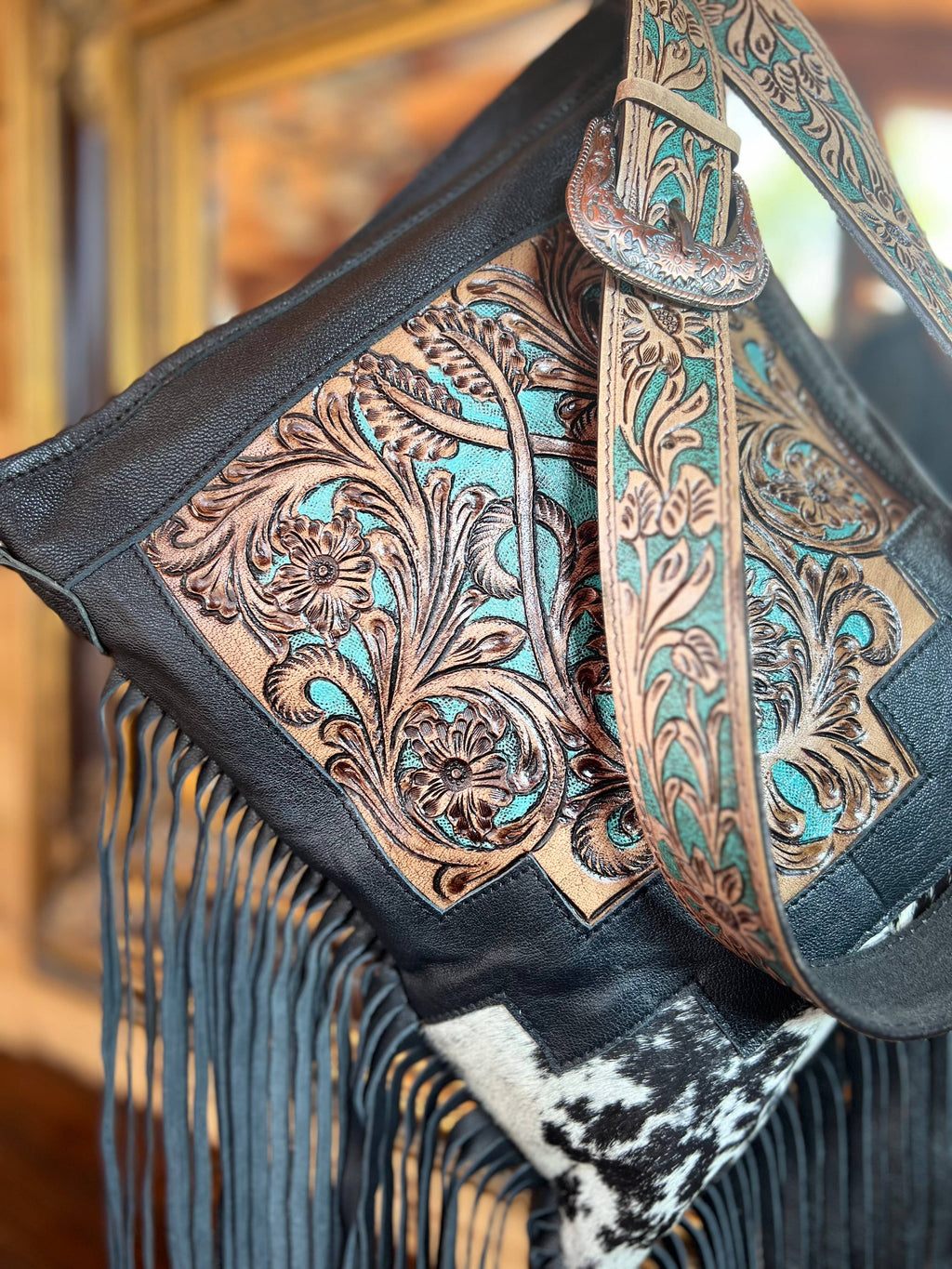 Western Tooled Leather Cowhide Purse - Large Buckle Handbag