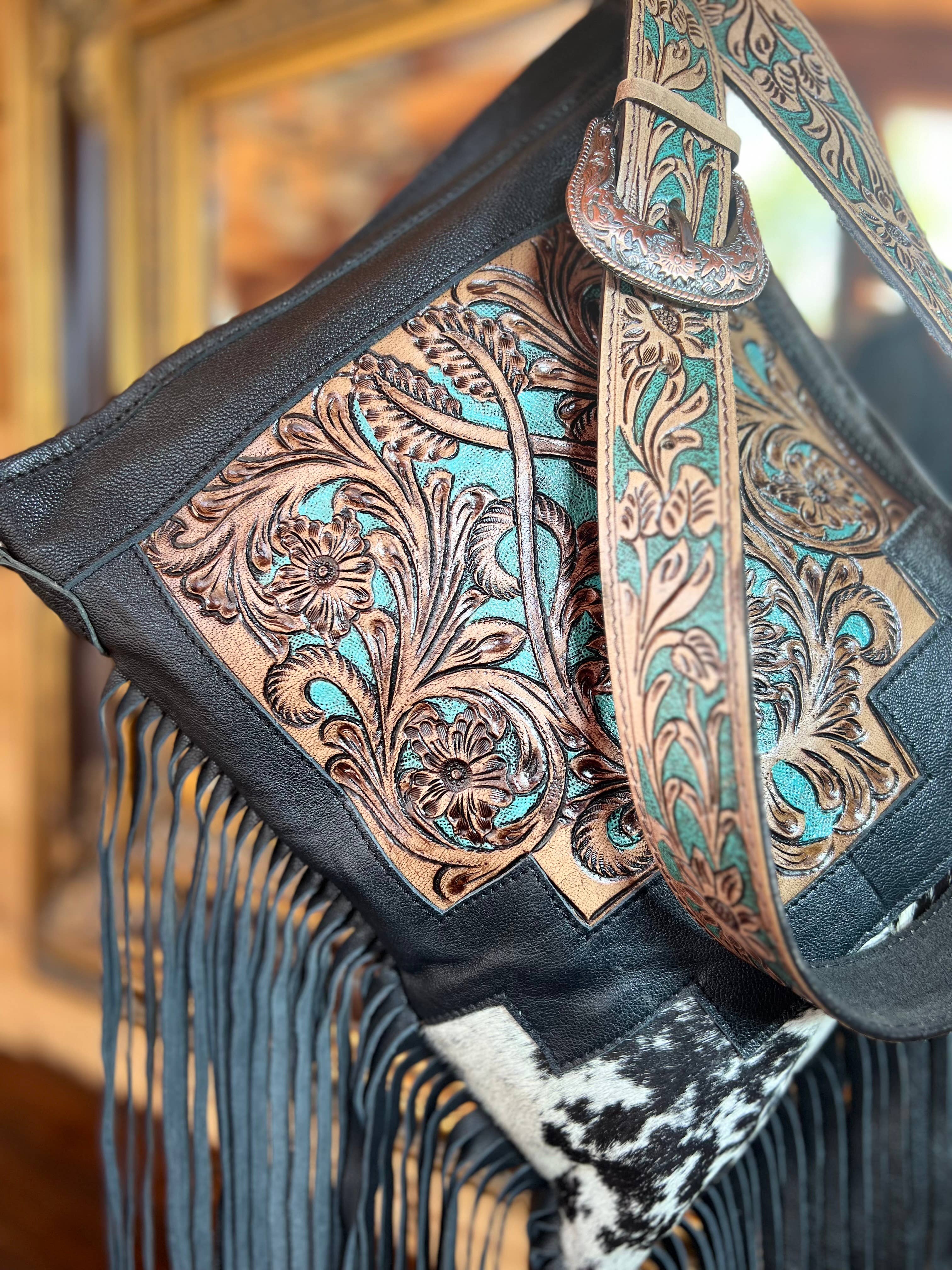 Western Tooled Leather Cowhide Purse - Large Buckle Handbag