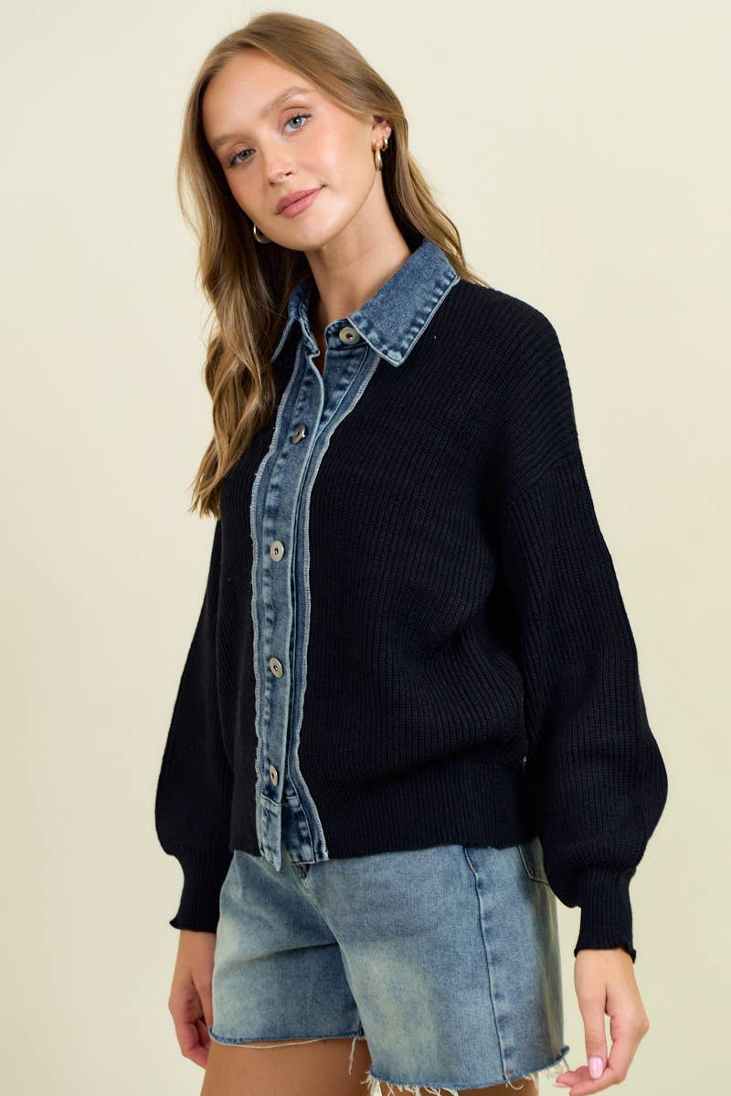 DENIM CONTRAST SWEATER RIB CARDIGAN