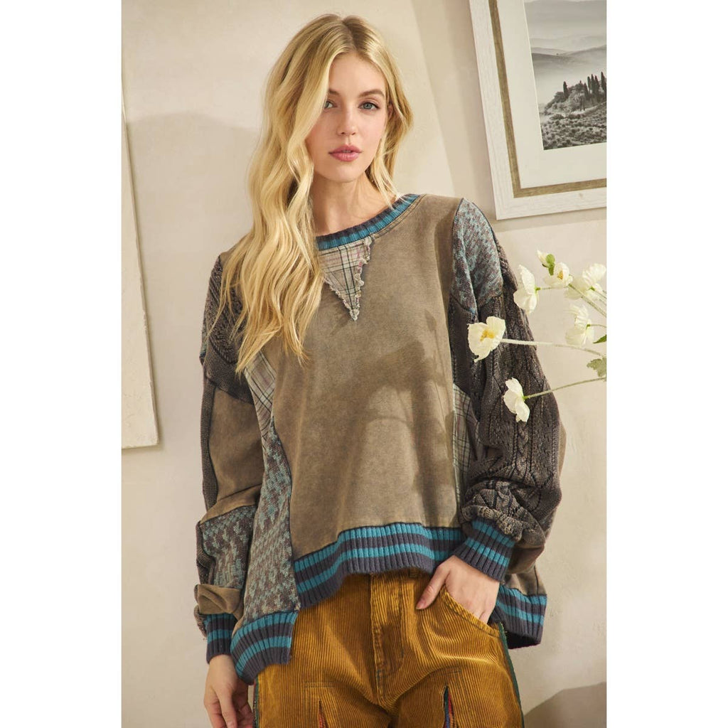 WASHED FABRIC MIX SWEATER TOP