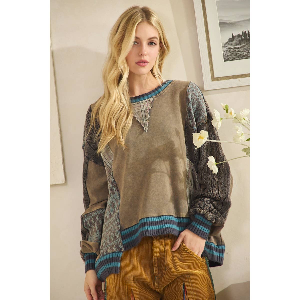WASHED FABRIC MIX SWEATER TOP