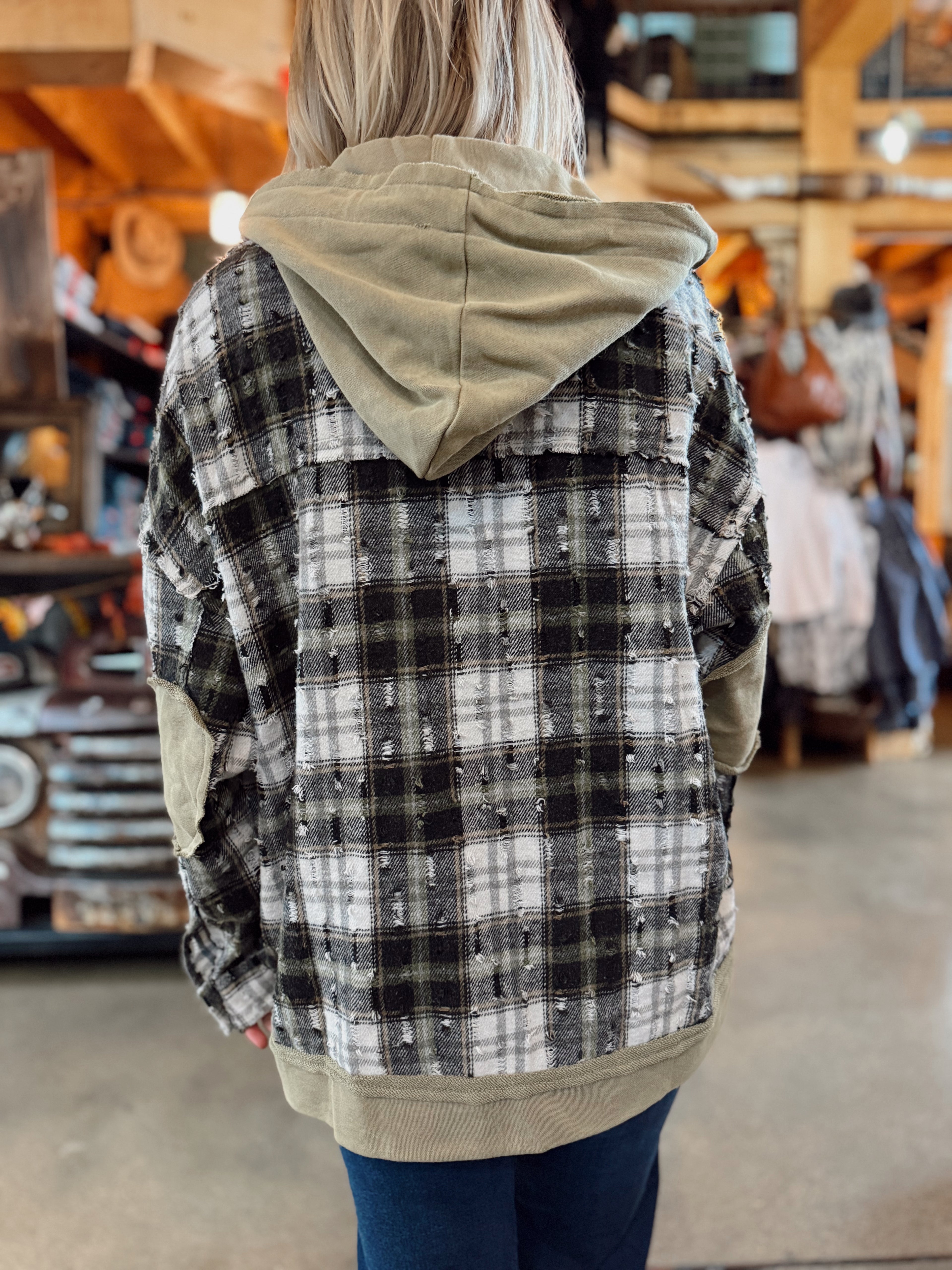 Hooded snap button down plaid chest pocket jacket