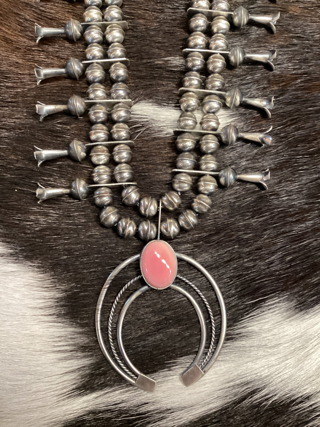 Native American Navajo Handmade Sterling Silver Pink Conch Squash Blossom 18”