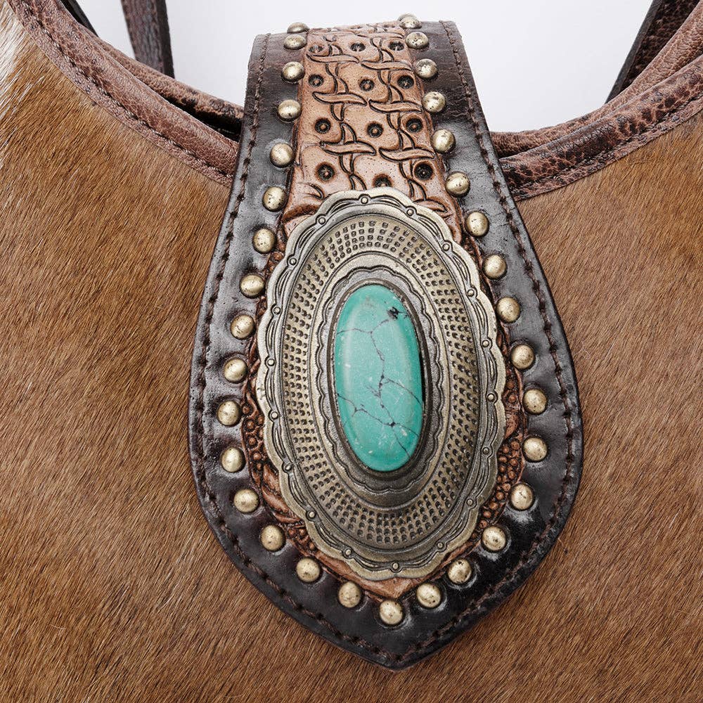 Tooled Leather Hair-On Hobo Bag with Turquoise Concho - Western Shoulder Purse