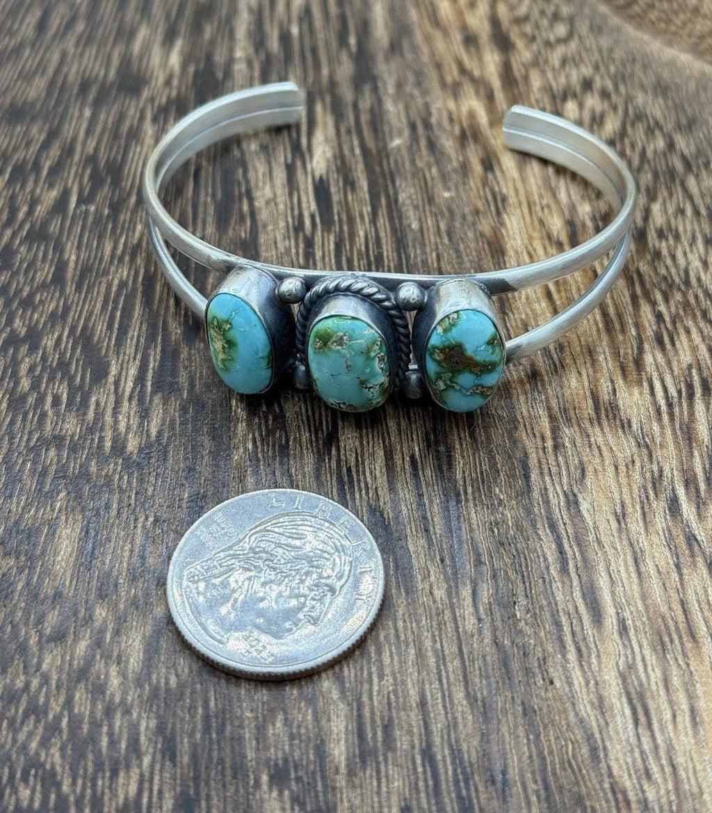 Navajo Handmade Sterling Silver Sonoran Gold Turquoise Cluster Cuff Bracelet