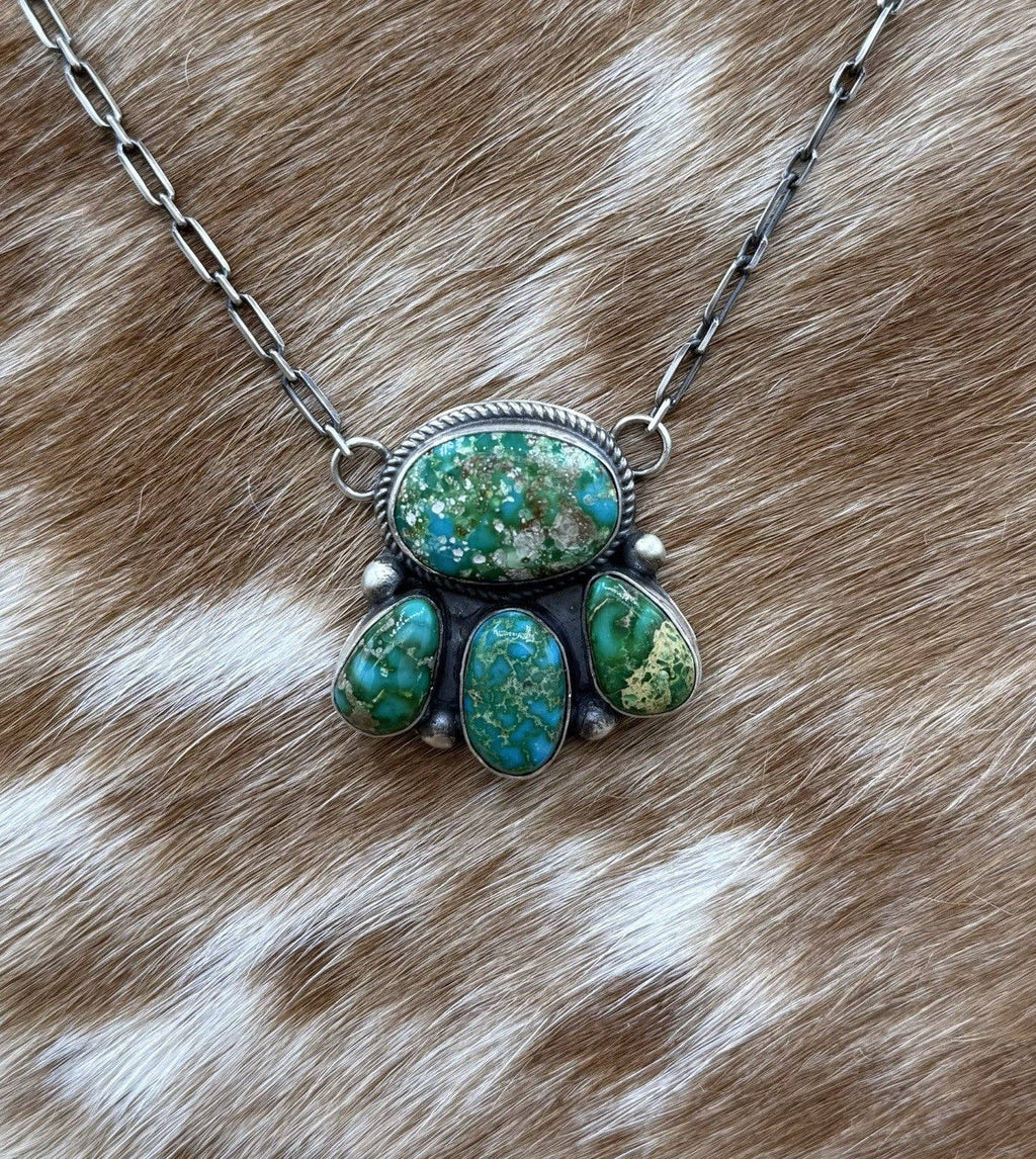 Navajo Handmade Sterling Silver Sonoran Gold Turquoise Cluster Bar Necklace 20”
