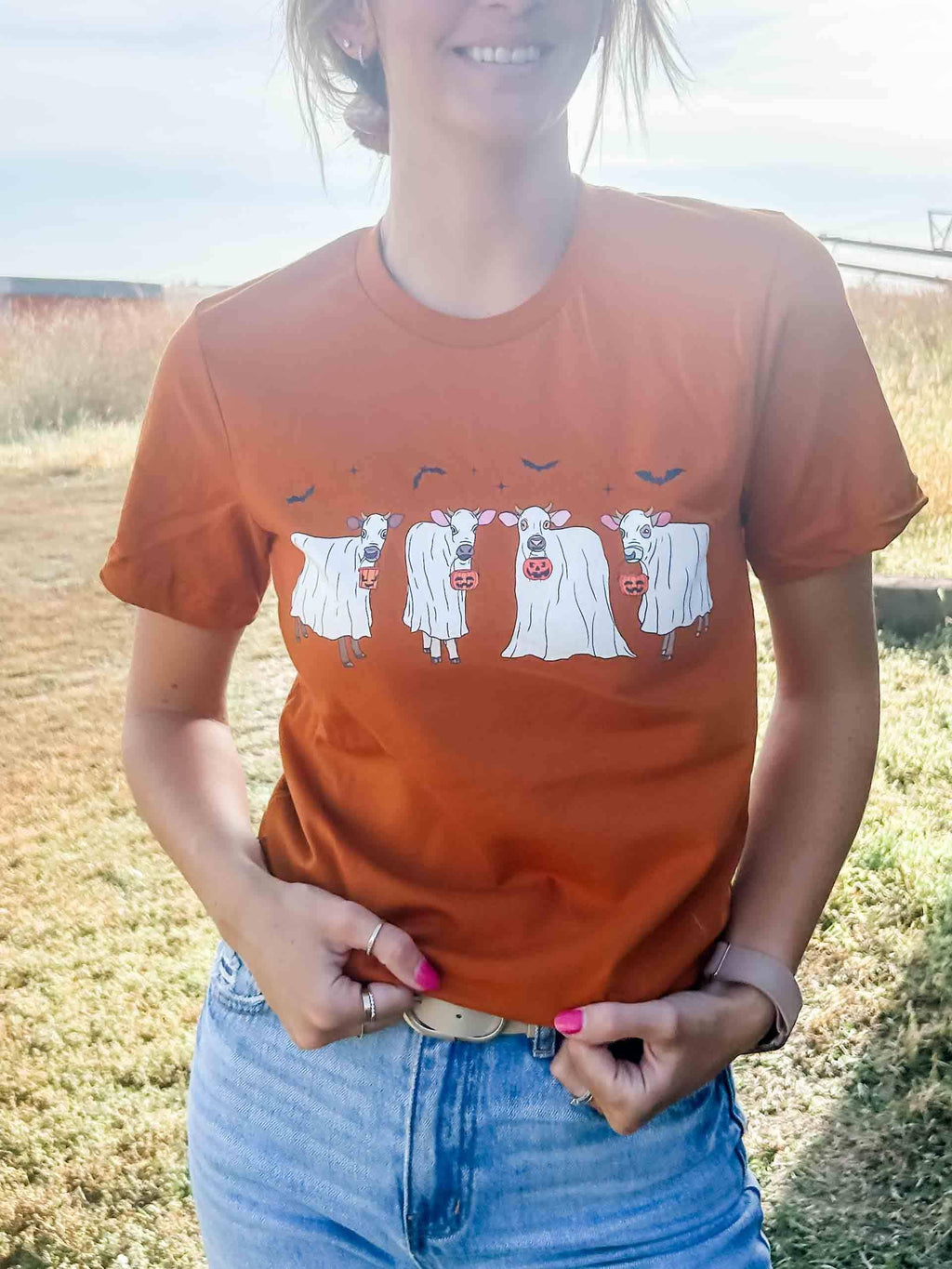 Fall Ghost Cows Burnt Orange Graphic Women's Tee