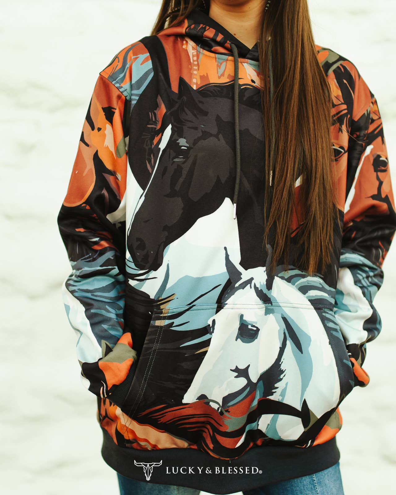 Black Horse Collage Printed Drawstring Hoodie