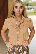 Camel Stretch Denim Pearl Cowgirl and Bow Embroidered Shirt