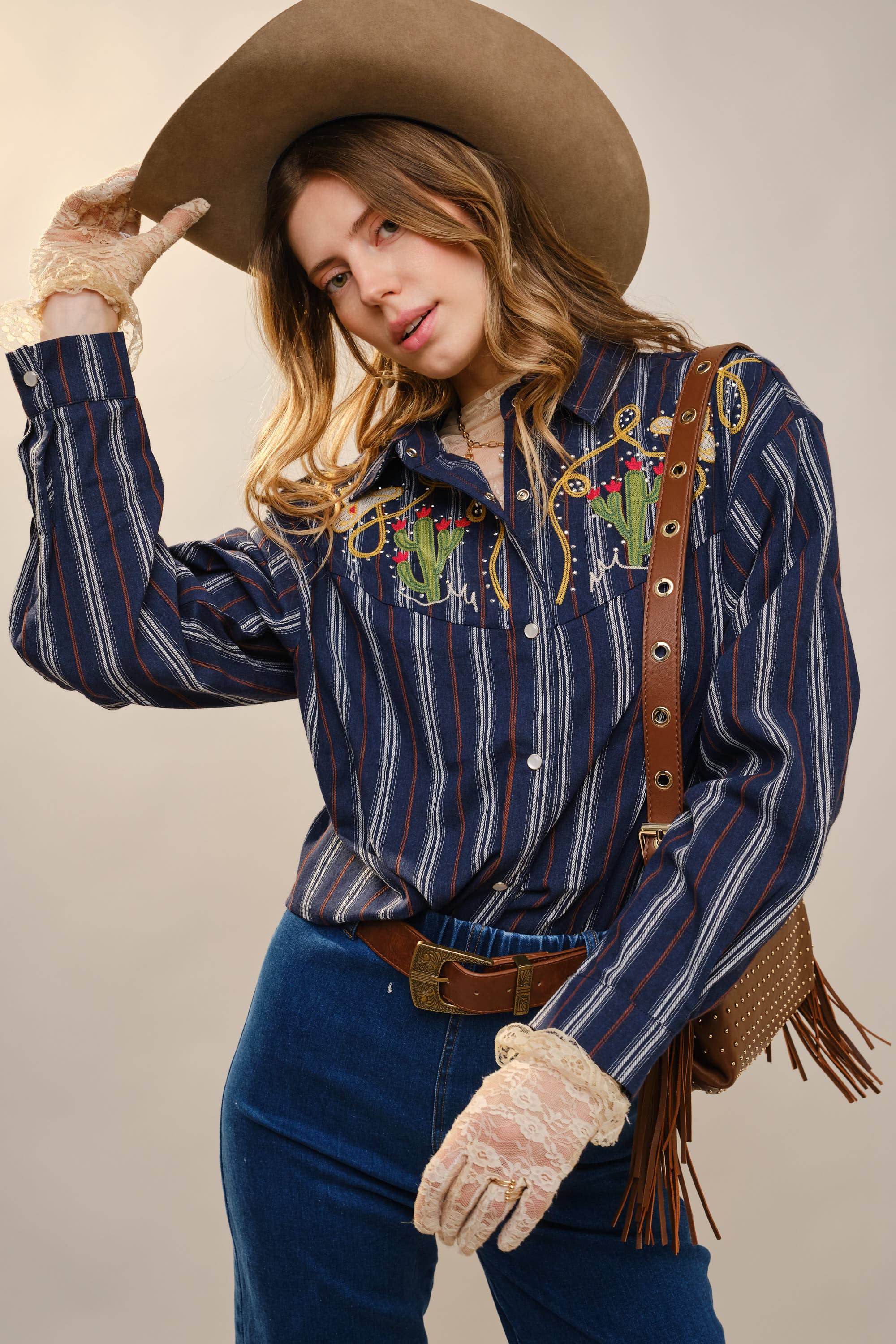36989T Embroidered Western Yoke Striped Shirt