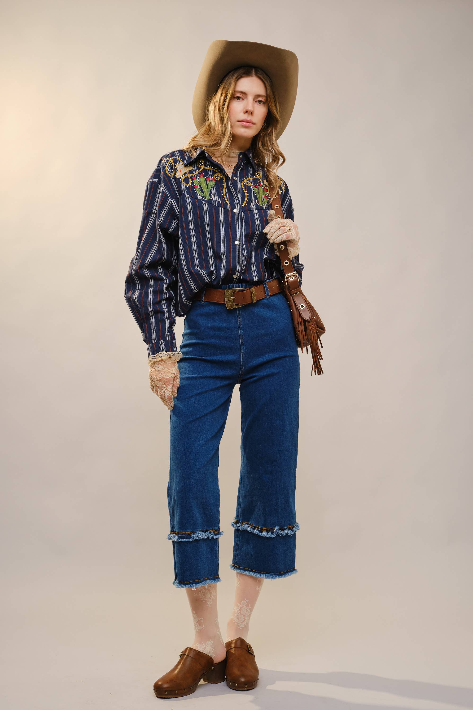 36989T Embroidered Western Yoke Striped Shirt