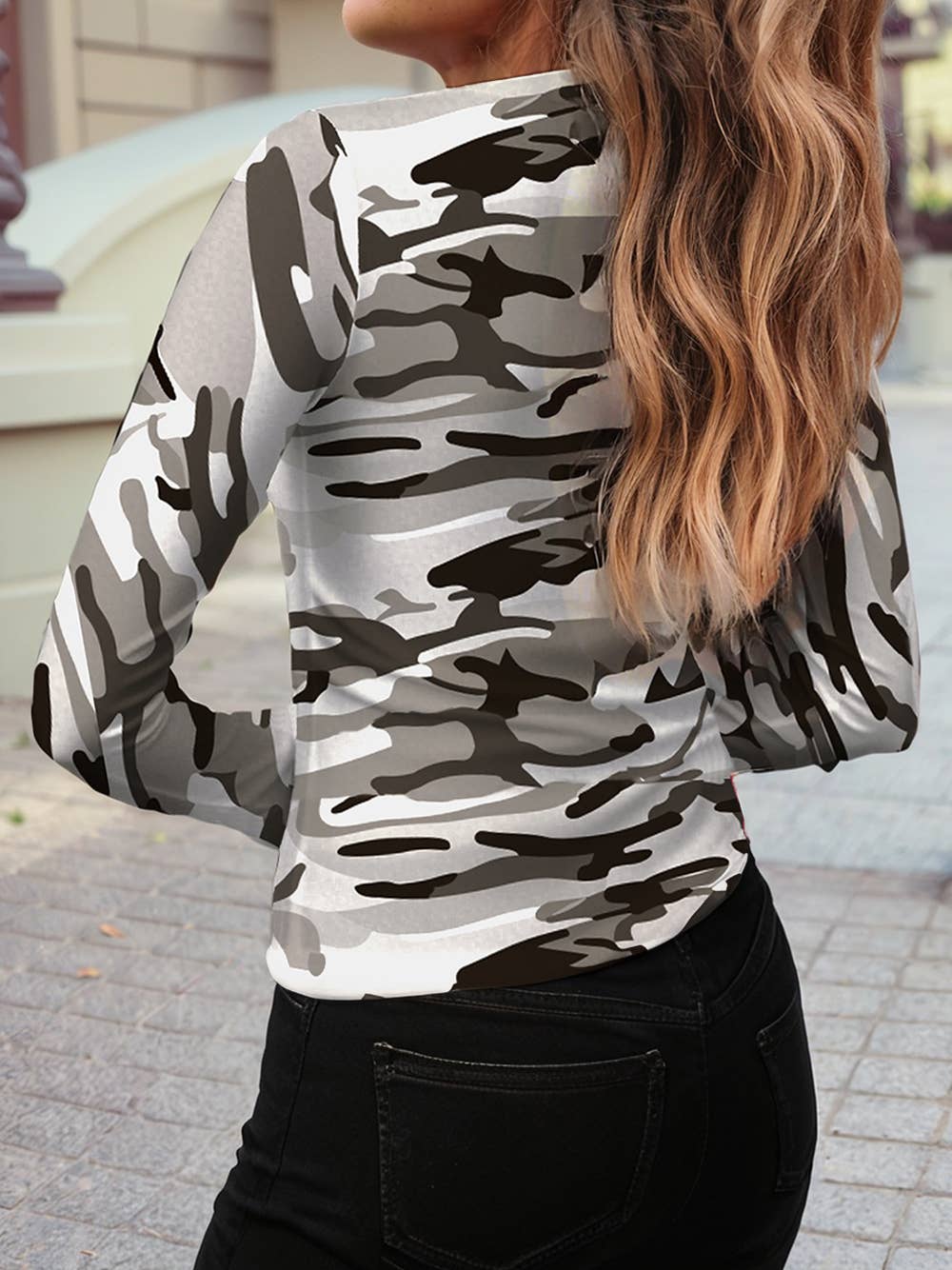 Western Camouflage Print Mesh Long Sleeve Top