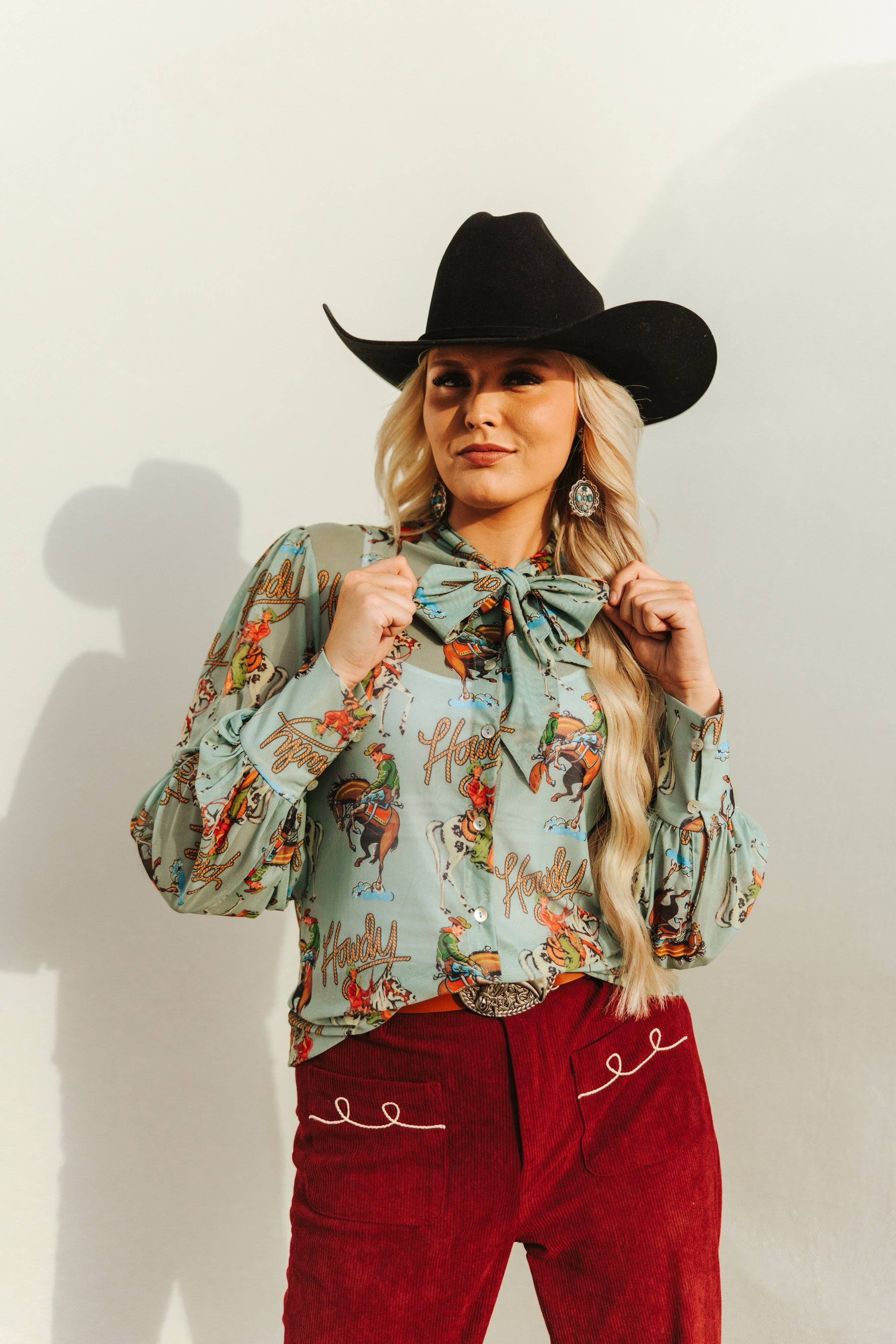 TEAL HOWDY MESH TIE BOW LACE TOP