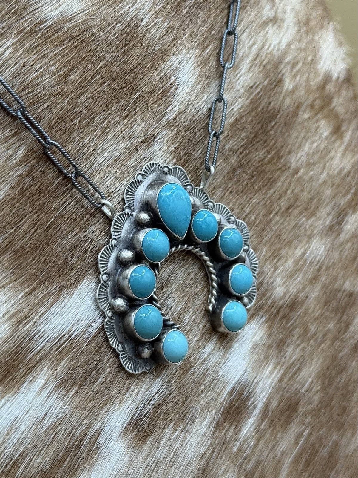 Navajo Handmade Sterling Silver Kingman Turquoise Stamped Naja Bar Necklace 18”