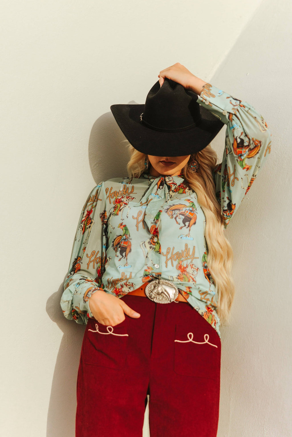 TEAL HOWDY MESH TIE BOW LACE TOP