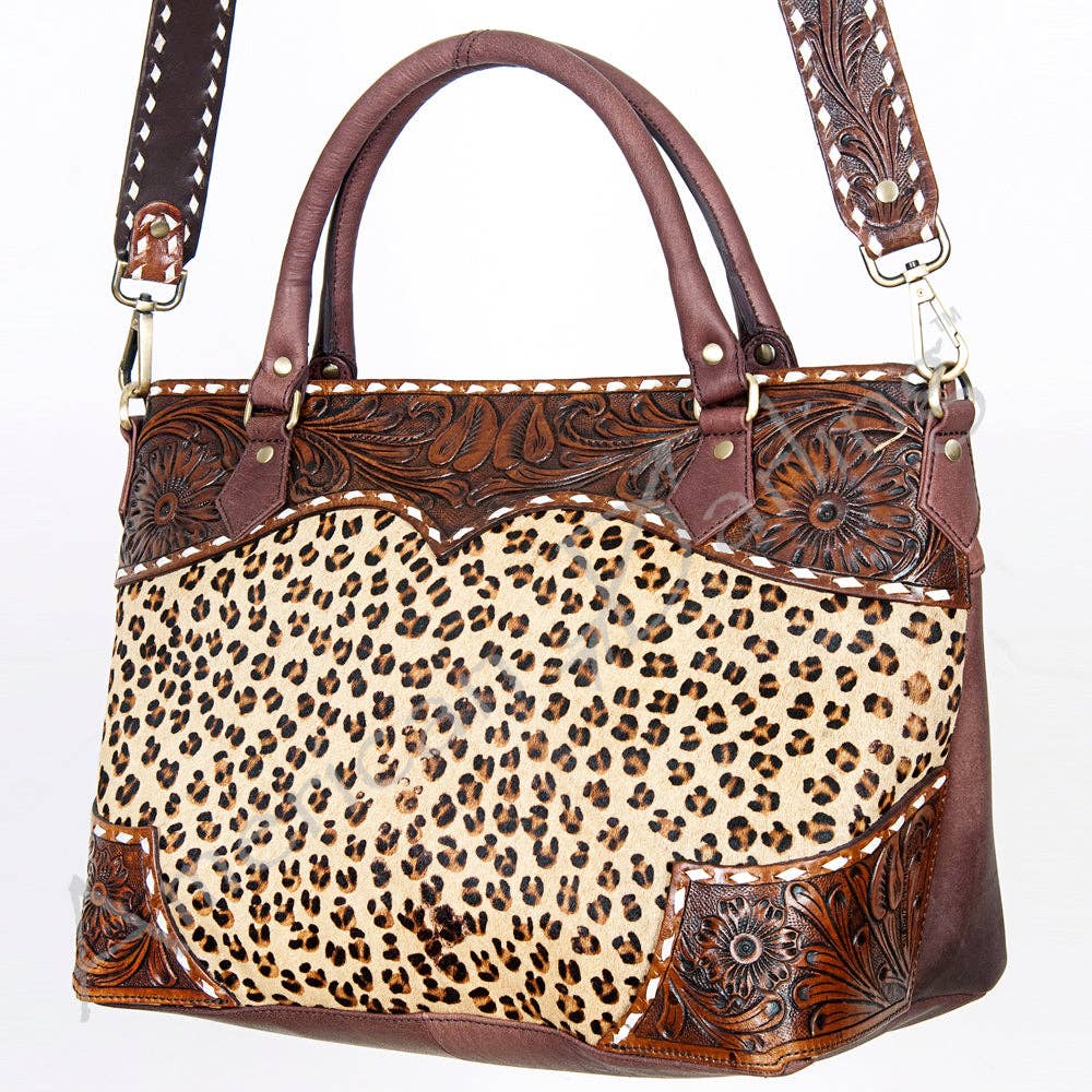 Leopard Hair-On Western Tote - Hand-Tooled Leather Cowgirl Bag