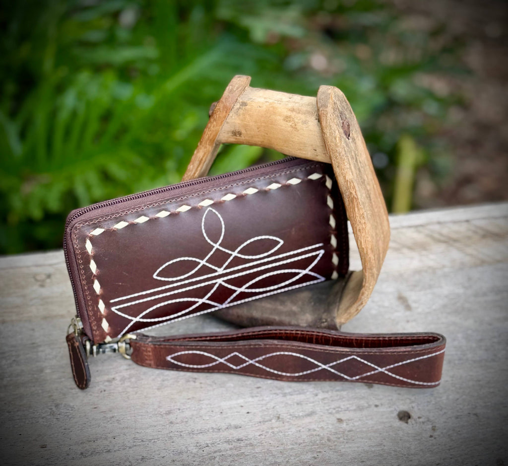 Leather Boot Stitch Wallet Wristlet Zip Around Western 