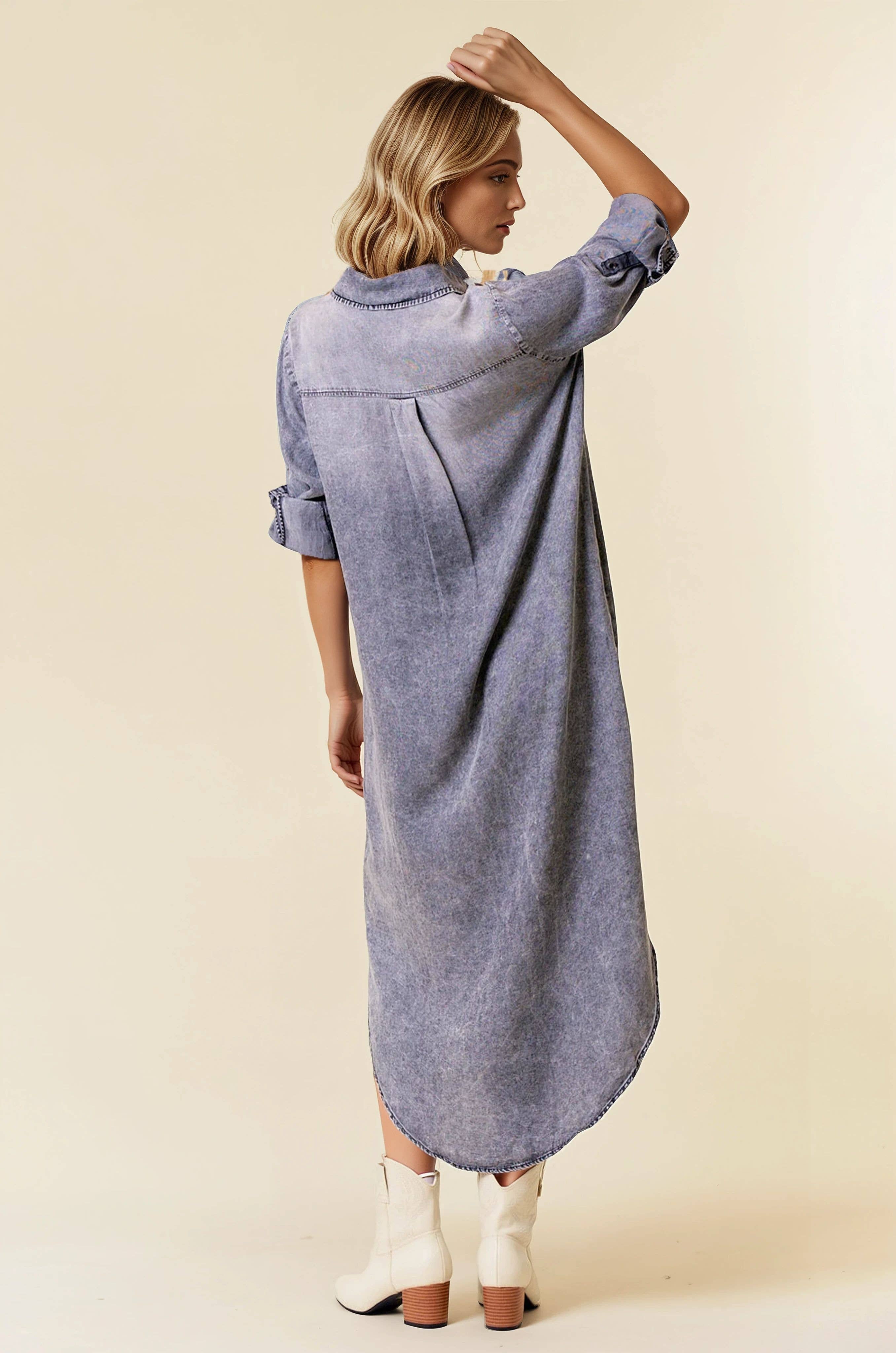 ROLL TAB 3/4 SLEEVE TENCEL DENIM SHIRT MIDI DRESS