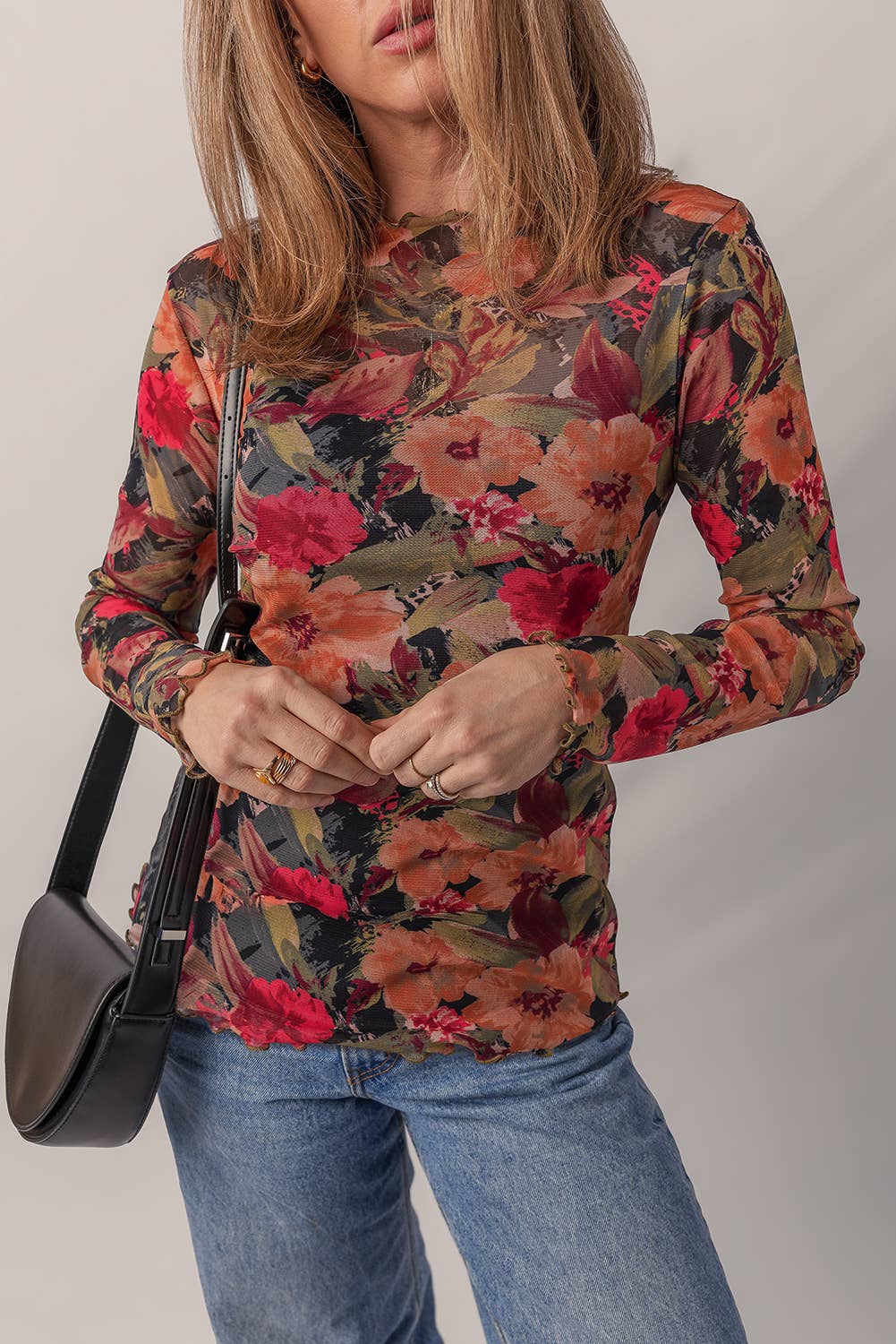 Floral Print Lettuce Trim Long Sleeve Mesh Top