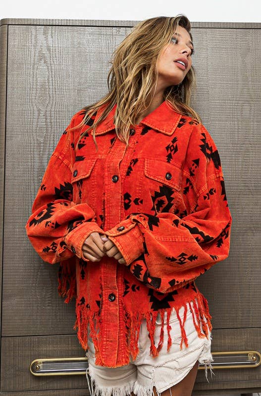 Aztec Print Corduroy Shirt Jacket Distressed Hem