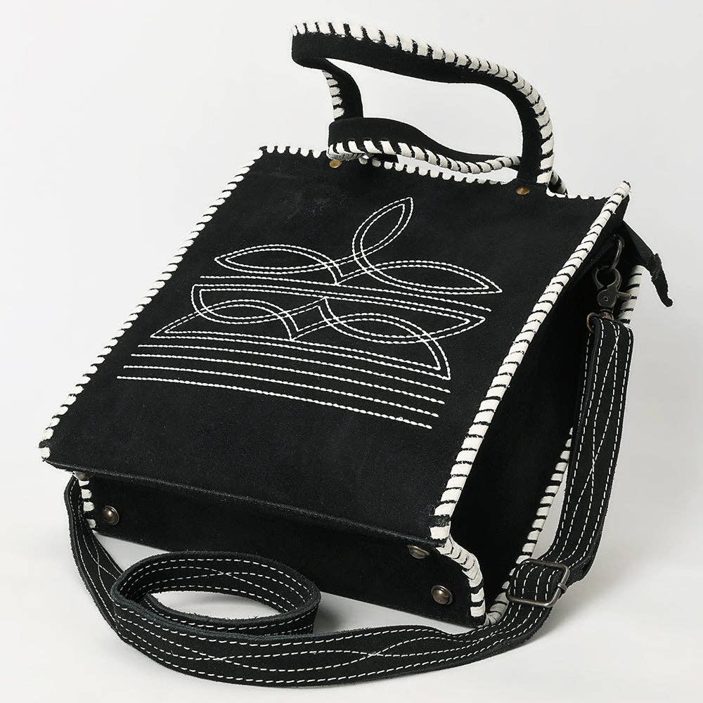 ADBG1590 American Darling Western Genuine Suede Leather Tote Bag with Braided Trim & Detailed Boot Stitching