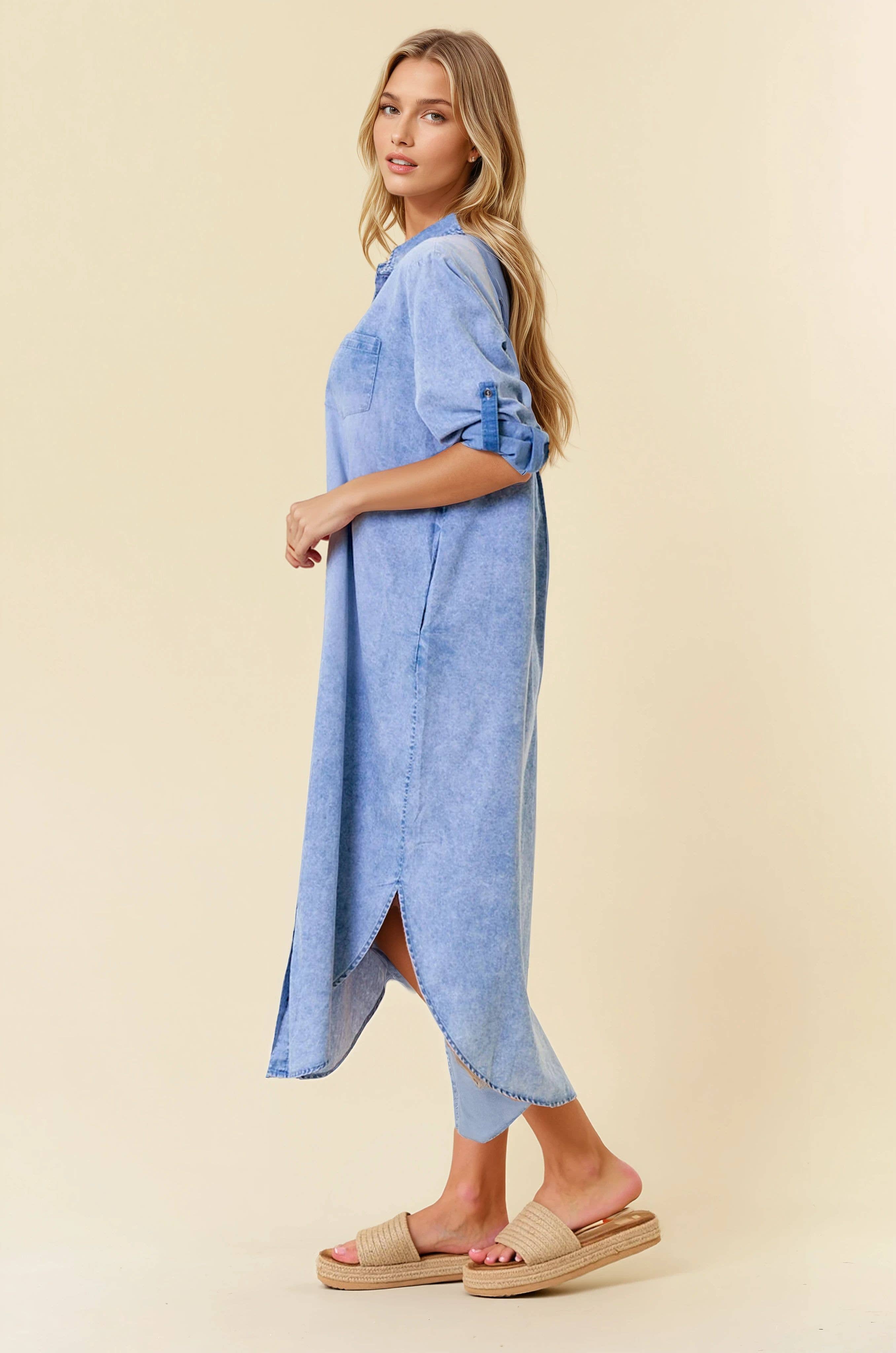 ROLL TAB 3/4 SLEEVE TENCEL DENIM SHIRT MIDI DRESS
