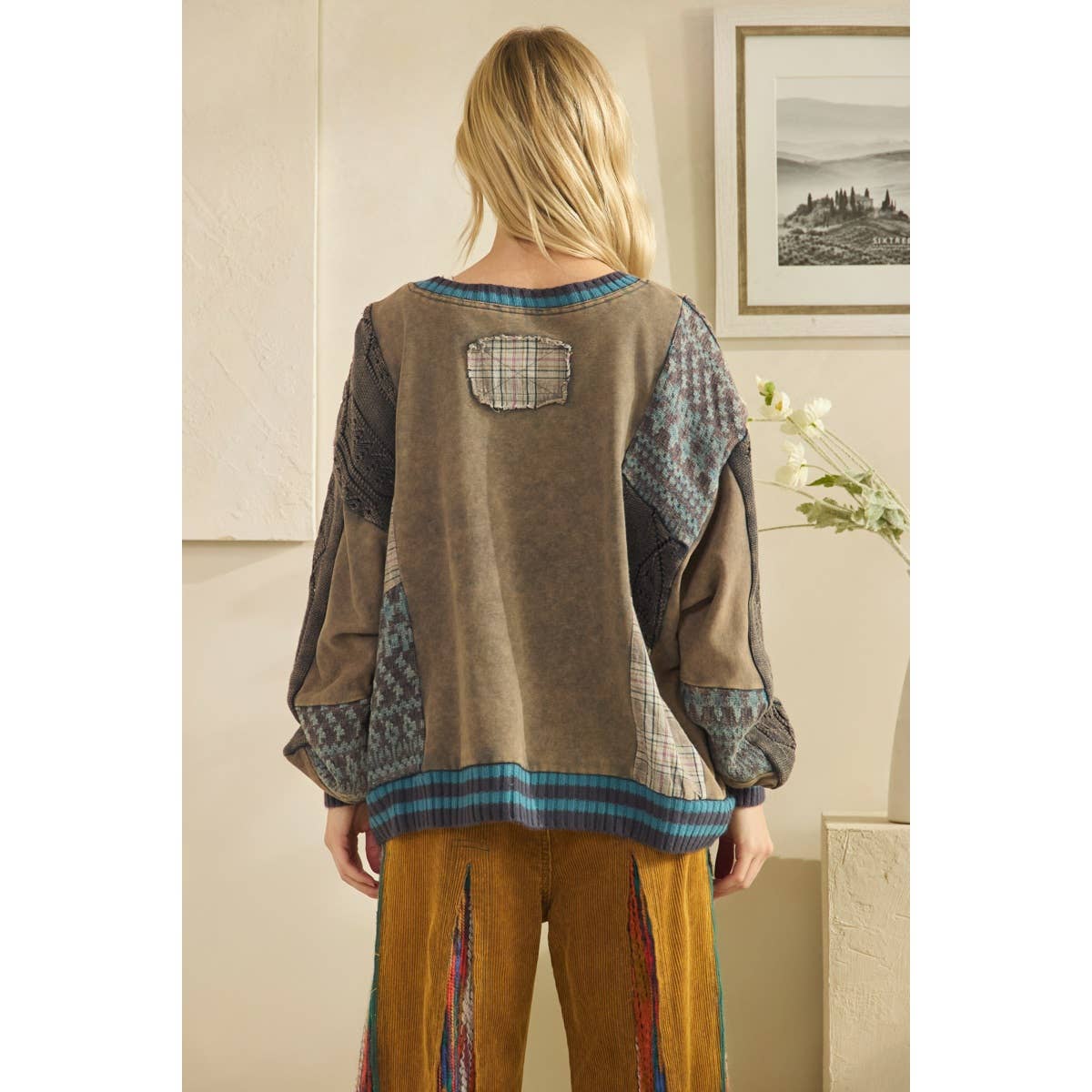 WASHED FABRIC MIX SWEATER TOP
