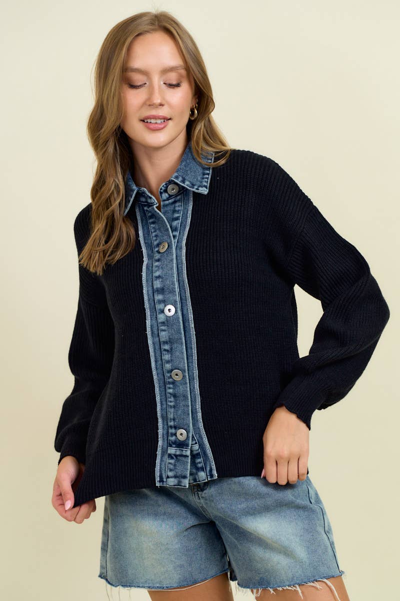 DENIM CONTRAST SWEATER RIB CARDIGAN