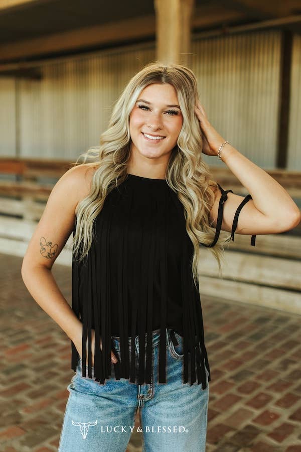 Black Stretch Suede All Around Fringe Top