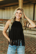 Black Stretch Suede All Around Fringe Top