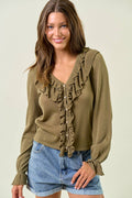 RUFFLE CONTRAST FINE GAUGE BUTTON FRONT TOP - 45305T