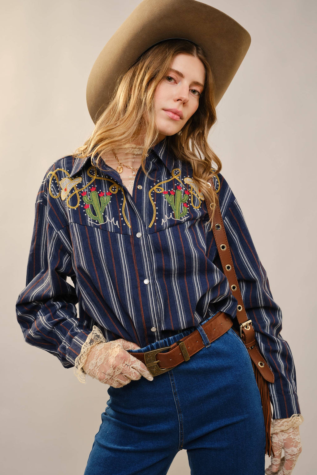 36989T Embroidered Western Yoke Striped Shirt