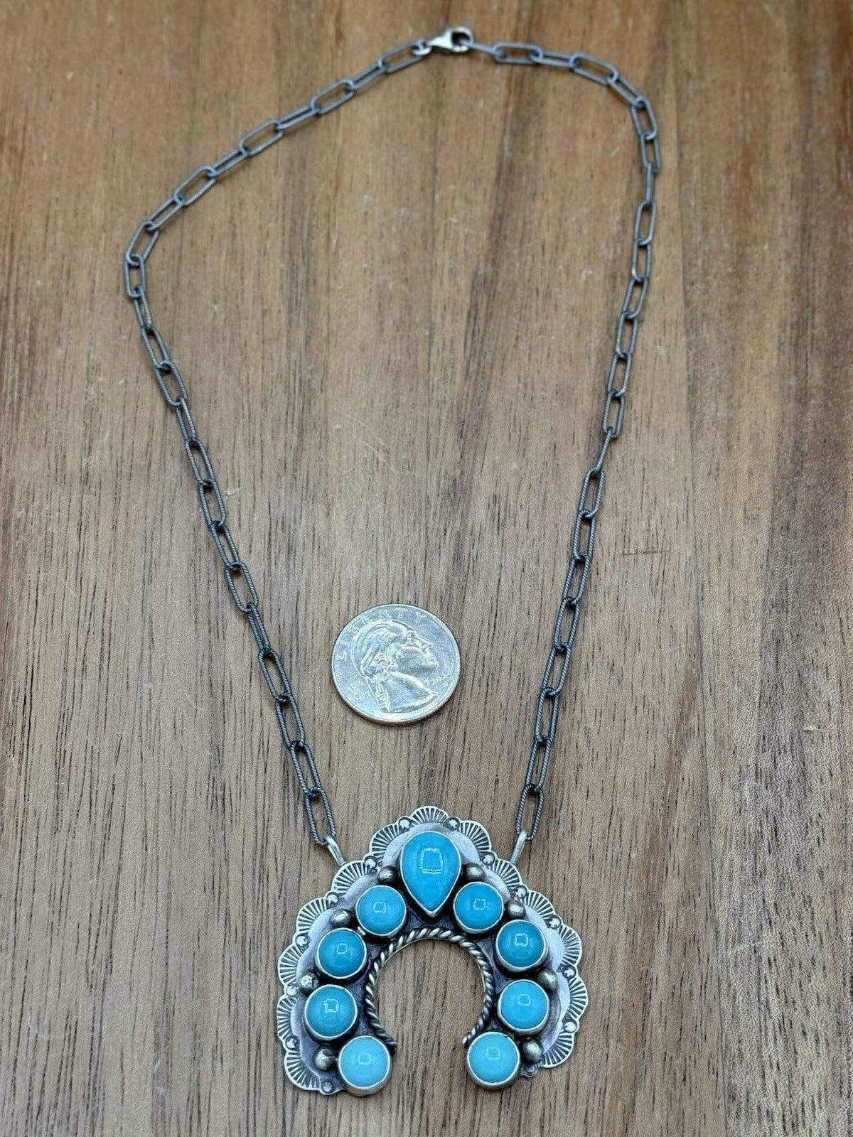 Navajo Handmade Sterling Silver Kingman Turquoise Stamped Naja Bar Necklace 18”