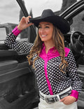 Pullover Button Up Polka Dot with Hot Pink Satin Stretch