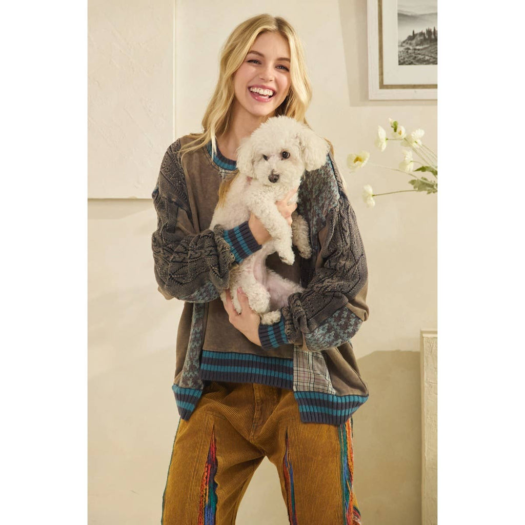 WASHED FABRIC MIX SWEATER TOP