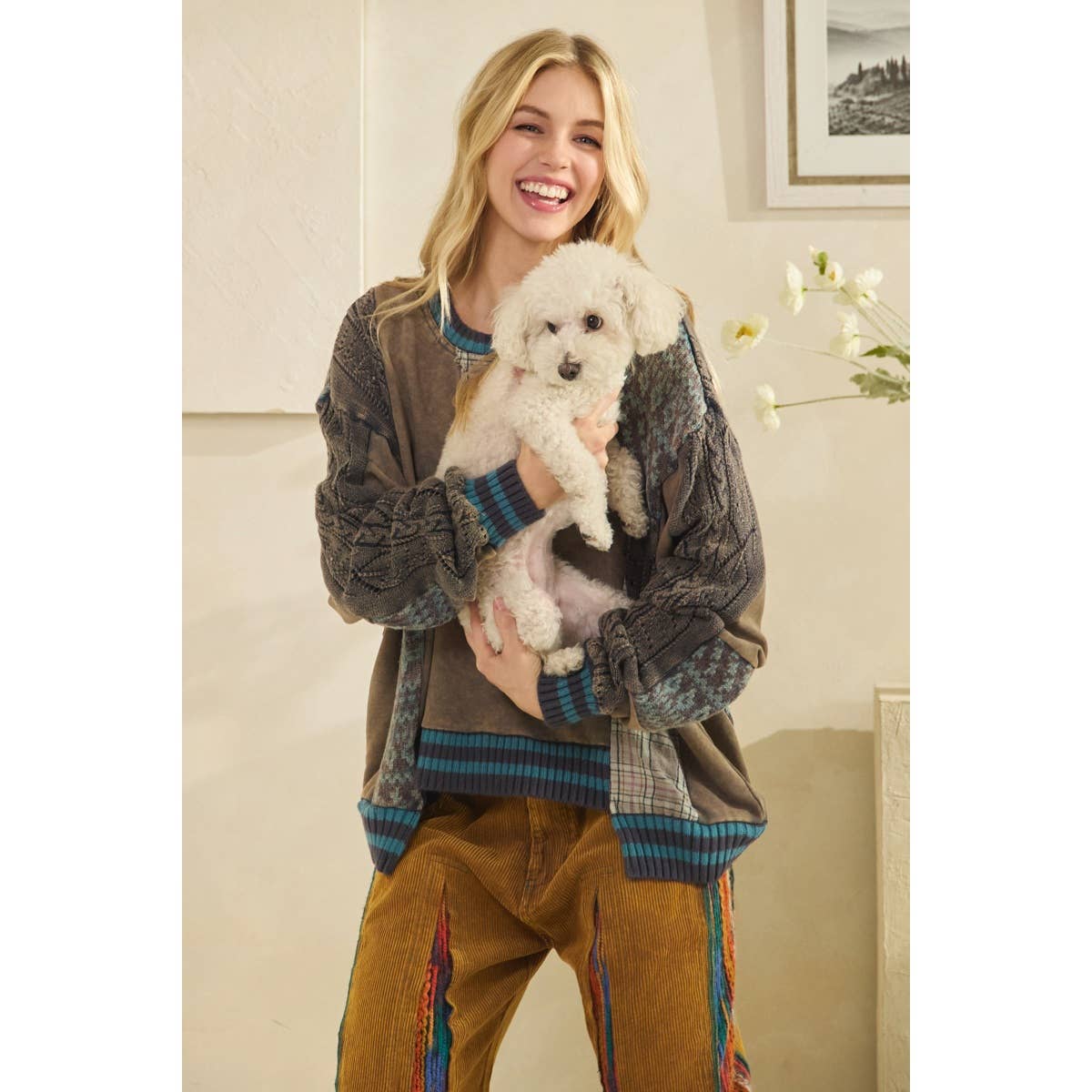 WASHED FABRIC MIX SWEATER TOP