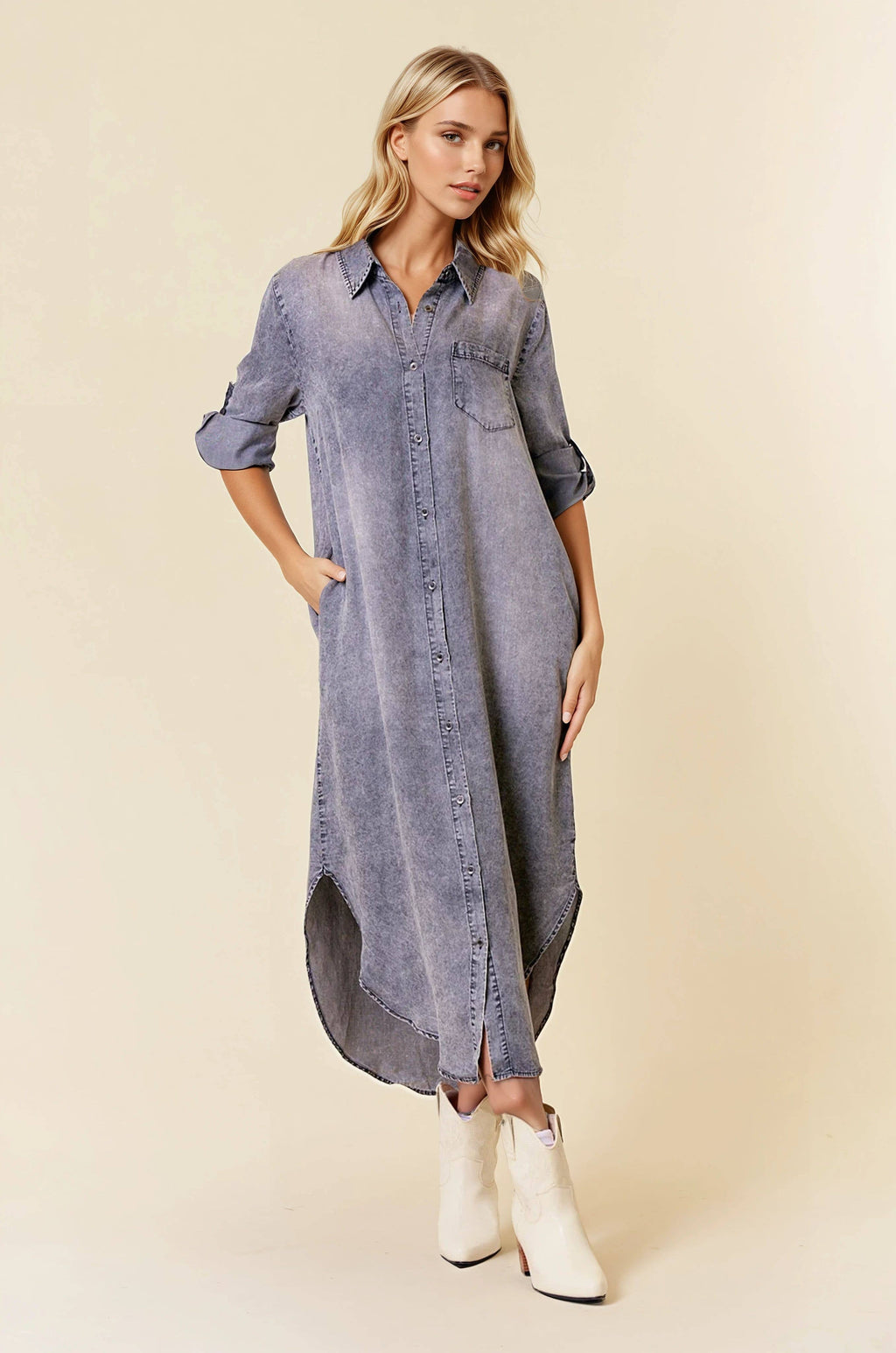 ROLL TAB 3/4 SLEEVE TENCEL DENIM SHIRT MIDI DRESS
