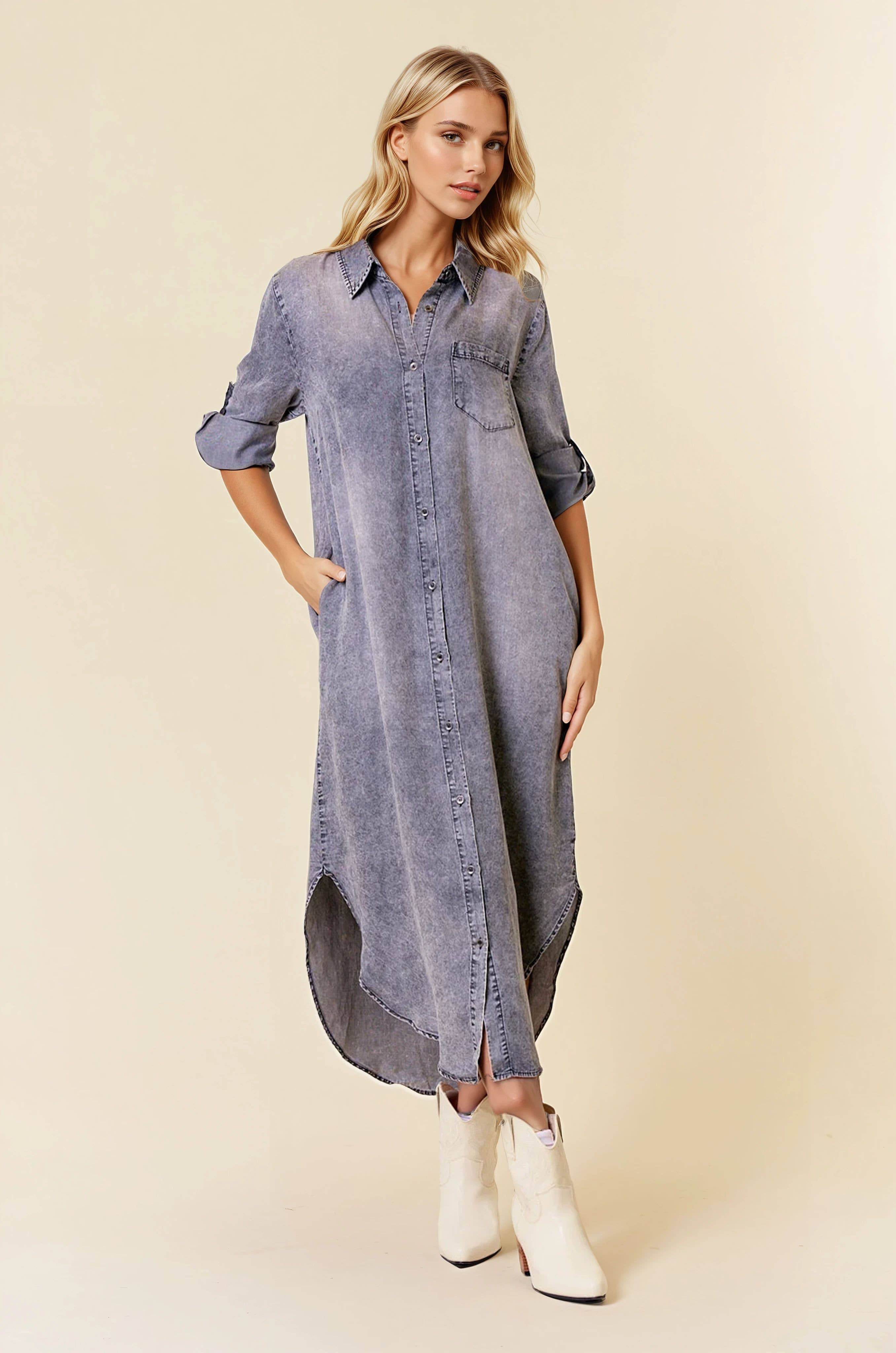 ROLL TAB 3/4 SLEEVE TENCEL DENIM SHIRT MIDI DRESS