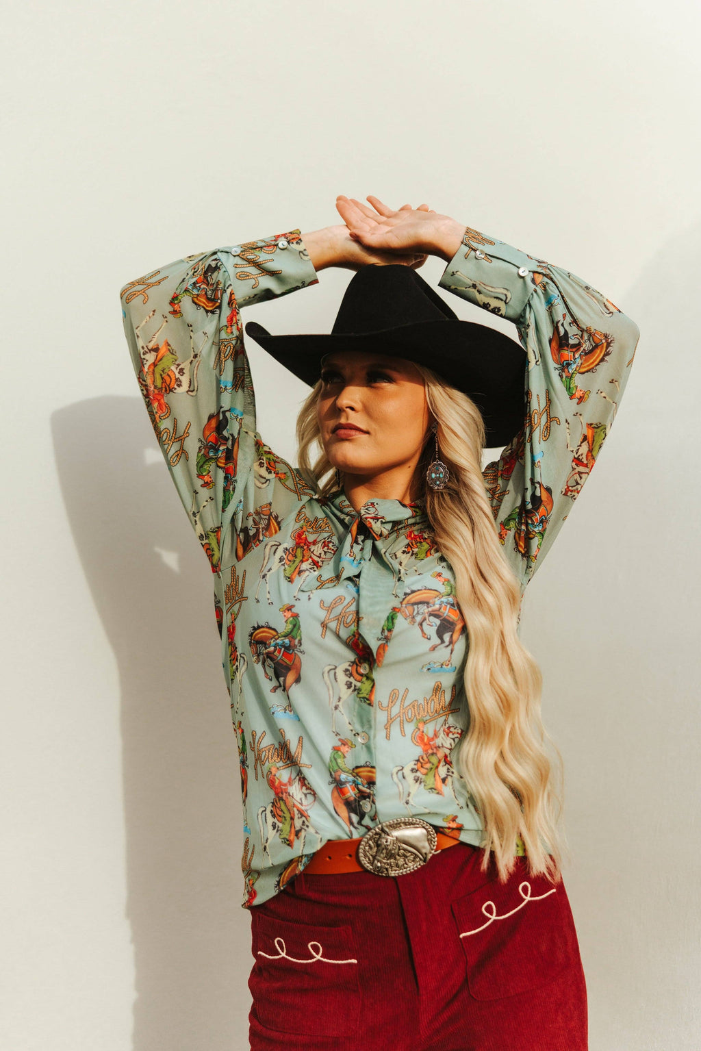 TEAL HOWDY MESH TIE BOW LACE TOP